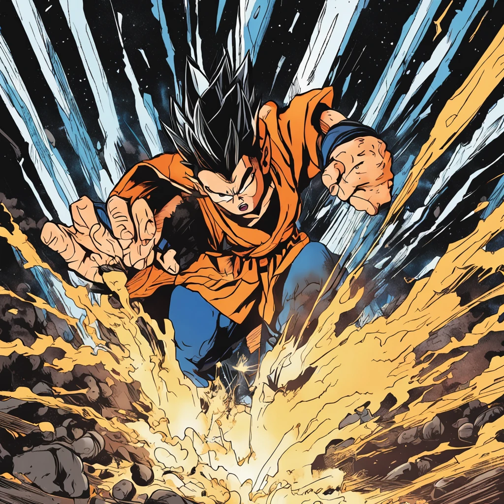 The boy's intense expression, In the Eye reflects explosions and intergalactic battles.Goku