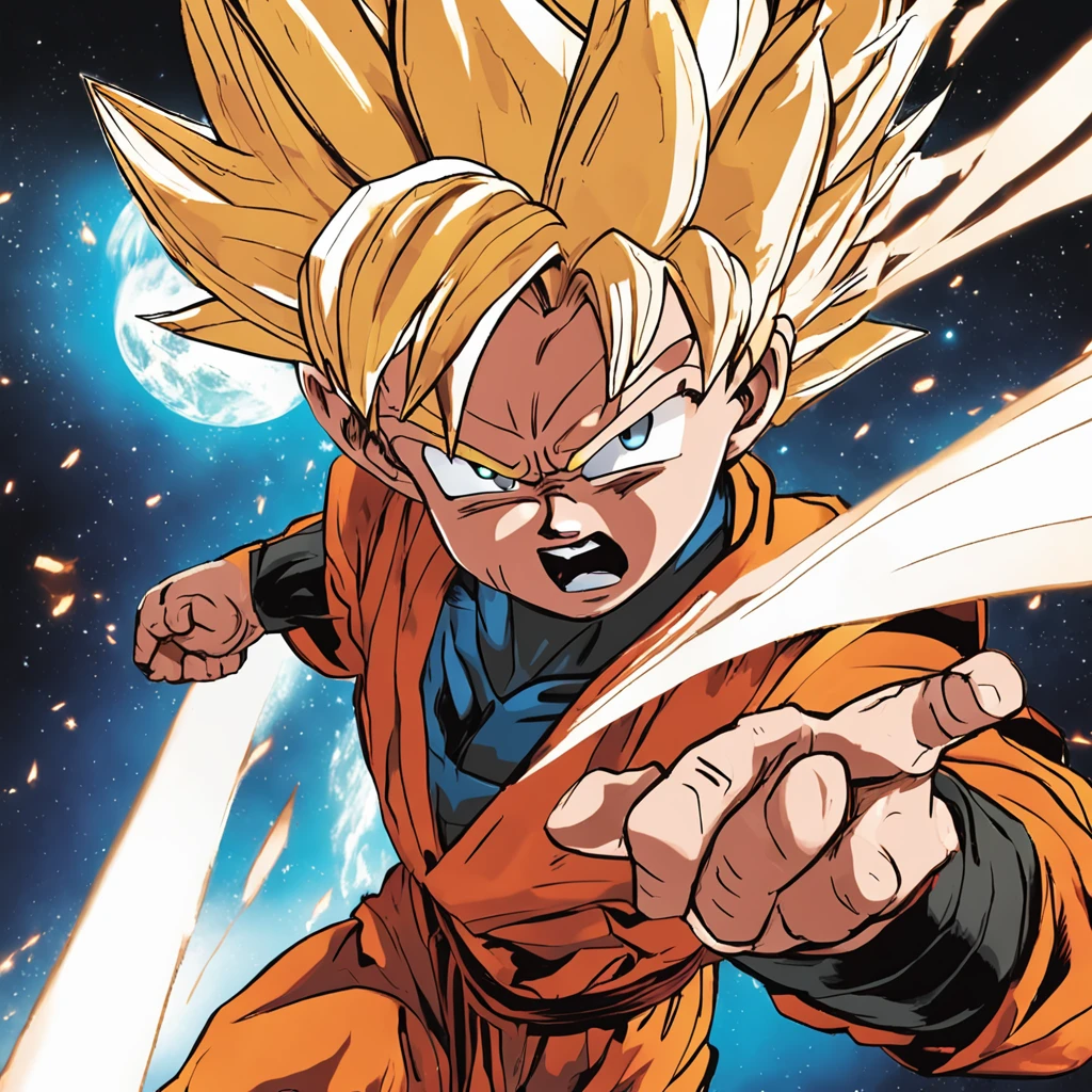 The boy's intense expression, In the Eye reflects explosions and intergalactic battles.Goku