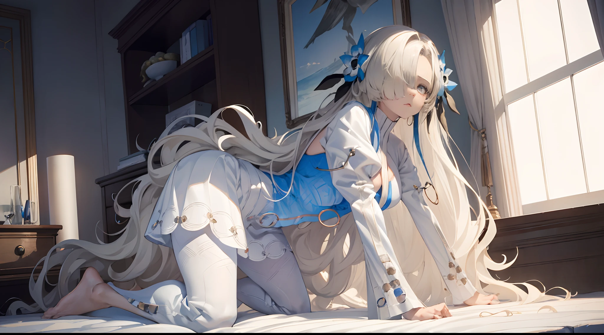 47
(Enrich the picture,Masterpiece level quality)Beautiful 8K CG artwork,Goddess-like posture,Kneeling exercise,Slim and soft,Translucent skin,White hair、The beauty of extra-long hair, Super Long Straight Hair,The skin is fair and juicy,Underwear miniskirt uniform,Perspective Part 1.2x enhanced silhouette effect,Exquisite transparent blues pattern in pajamas,The details are intricate and exquisite,The background is slightly blurred,Charming and lustful leg seduction,Drool,K cup big breasts,Blush,Japan goddess,Perfect body slim curves,Scene by the sea,