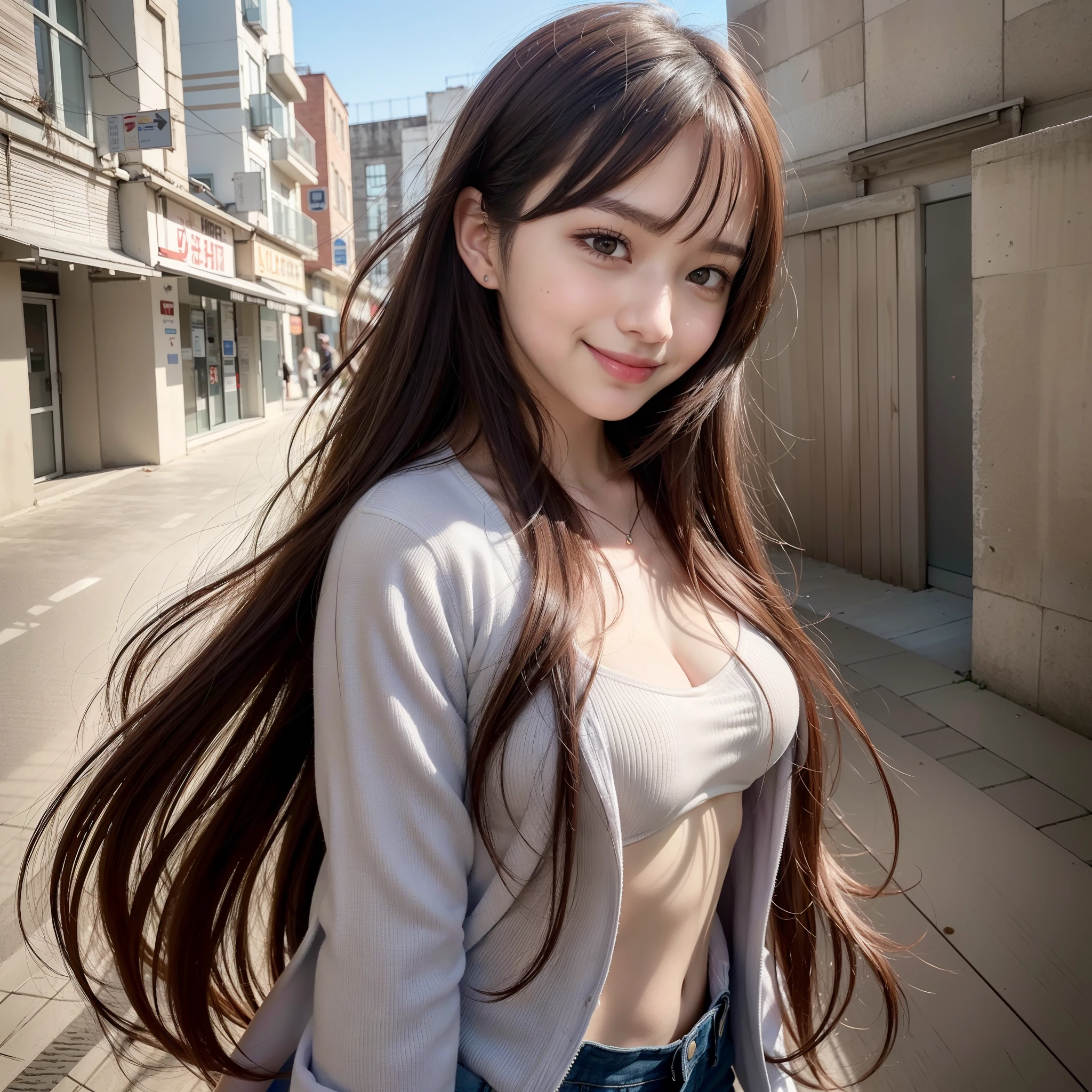 1girl, crowd street, natural light, best quality, masterpiece, illustration, very delicate and beautiful, highly detailed cg ,unity,8k wallpaper, amazing, fine detail, masterpiece,best quality,official art,highly detailed cg unity 8k wallpaper,absurdity, incredibly absurd, huge file size, ultra detailed, high definition, highly detailed, beautiful detailed girl, very detailed eyes and face, Beautiful detailed eyes, (RAW photos, highest quality), (realistic, photorealistic: 1.3), light on the face, full body, full body shot, black jacket, (((triangular face)), (light brown hair: 1), long hair, (big governor's eyes), ((puffy eyes)), (small breasts)), (fantasy breasts)), (Kpop idol), (aegyo sal), bangs, ((( ( ( Wall background)), blank wall, thin, (((pose)), (smile), happy, looking at the viewer, facing the front