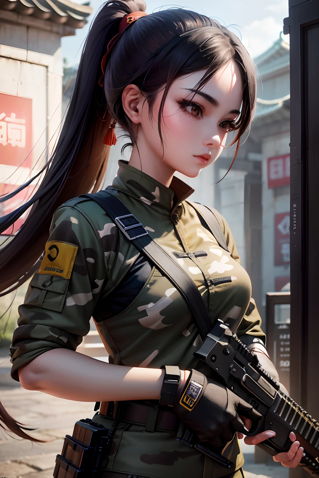 Full body like，Chinese woman holding a rifle in military uniform, Guviz-style artwork, wojtek fus, mechanized soldier girl, soldier girl, Beautiful digital artwork, trending on cgstation, military girl, G Liulian art style, Guviz, cgsociety and fenghua zhong, Realistic anime 3 D style