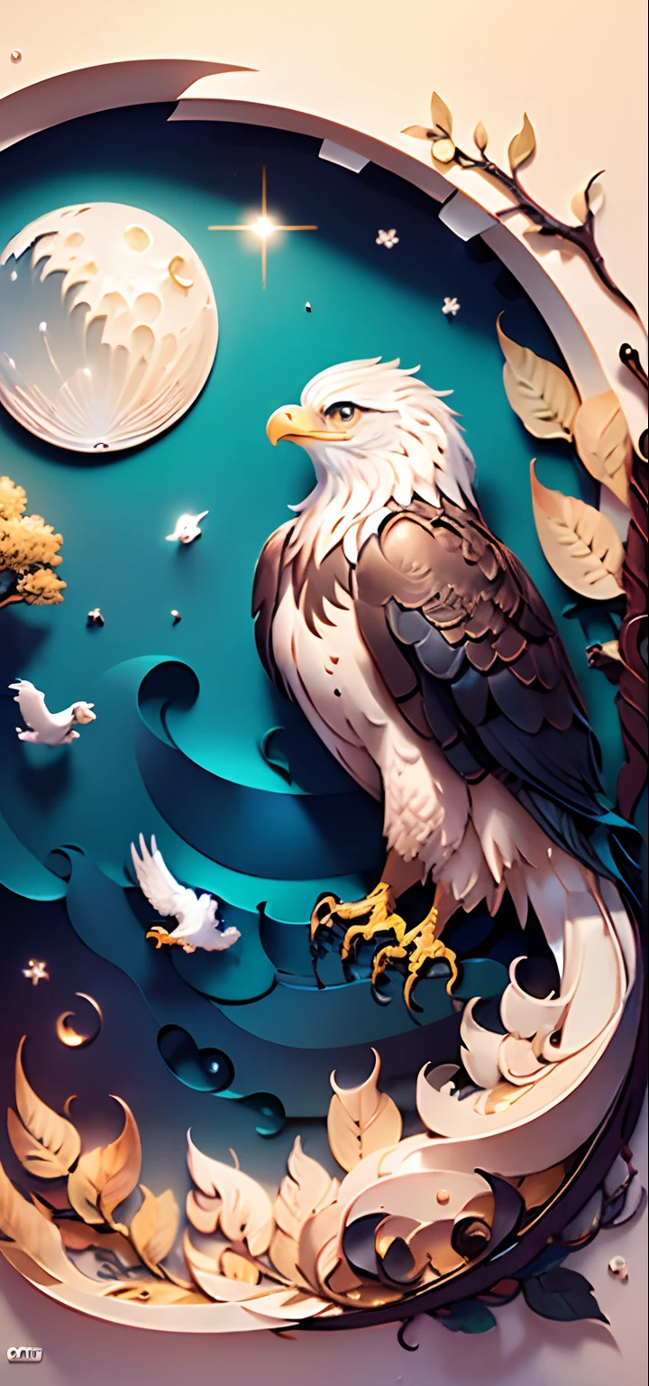 (((Masterpiece))),Best quality,illustration,beautiful,Detailed,shine,paper_cut,eagle,tree,moon,