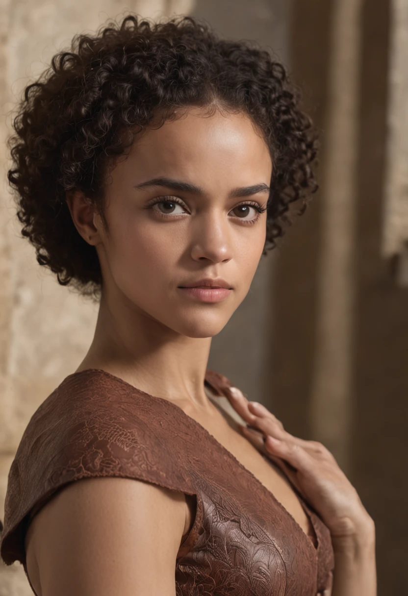 (Missandei of the series "A Guerra dos Tronos"), inspirada em Nathalie Emmanuel, auto retrato hiper-realista, 8k UHD, DSLR, grain of film, pintura fotorrealista Fujifilm XT3 arte midjourney, ((corpo inteiro)), (nsfw:1.25)