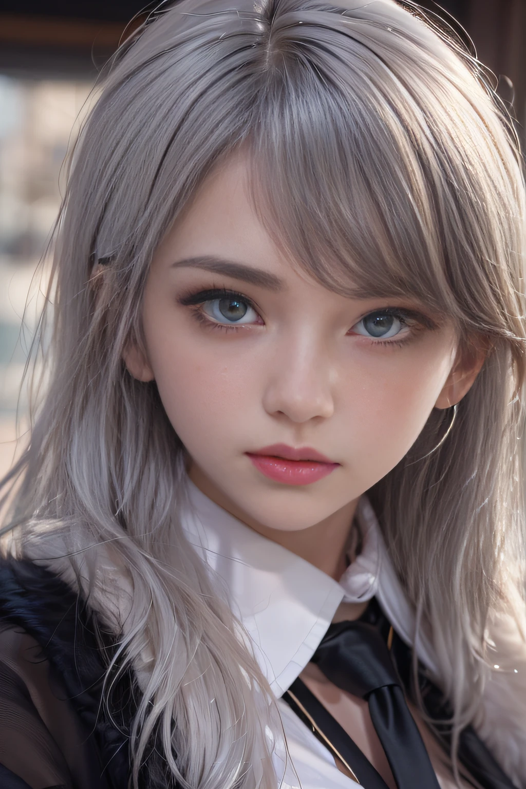 Photorealistic, high resolution, 1 Women, Solo, Hips_Up, Hips up, Beautiful eyes, view the viewer, Close lips, Detailed face, White hair, Long hair, Collared shirt, black necktie,Black skirt, pencil skirts, Fur coat, Stockings