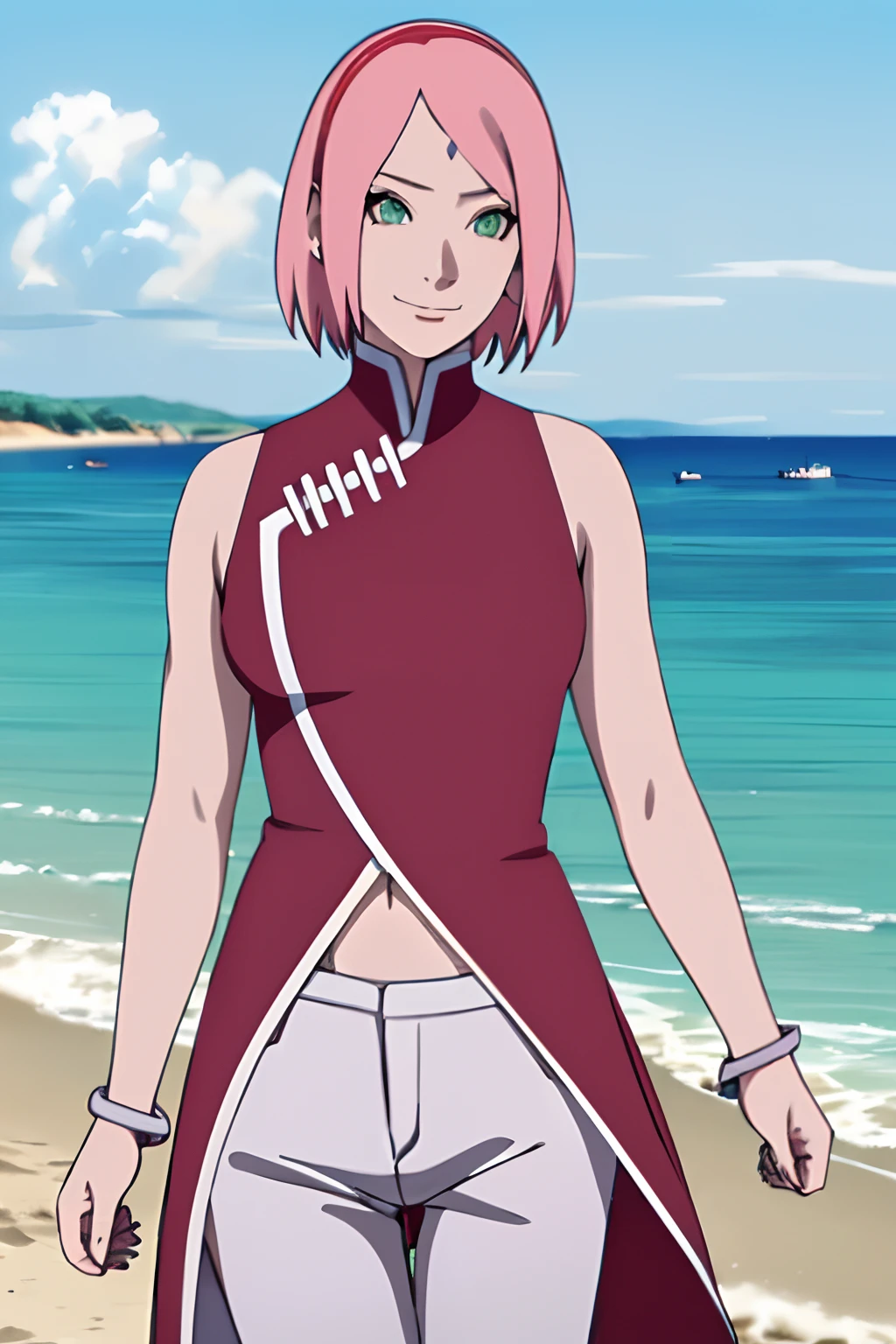 masterpiece, 1k, portrait, face shot, professional artwork, detailed beach background, intricate details, colorful, digital blending, (ultra detailed body, ultra detail hair, ultra detail face), trending on pixiv, kind smile, very hot color, best quality, anime style: 1.9, 1girl, hires, haruno sakura, (forehead mark, milf, red hairband, pale skin, short hair, ((red sleeveless dress), white pants), navel, groin, bracelet, pink hair, (ultra detailed green eyes), smile, beach, wind, floating hair, detailed arms, off-shoulders, slightly muscular arms, (dirty armpits), standing)