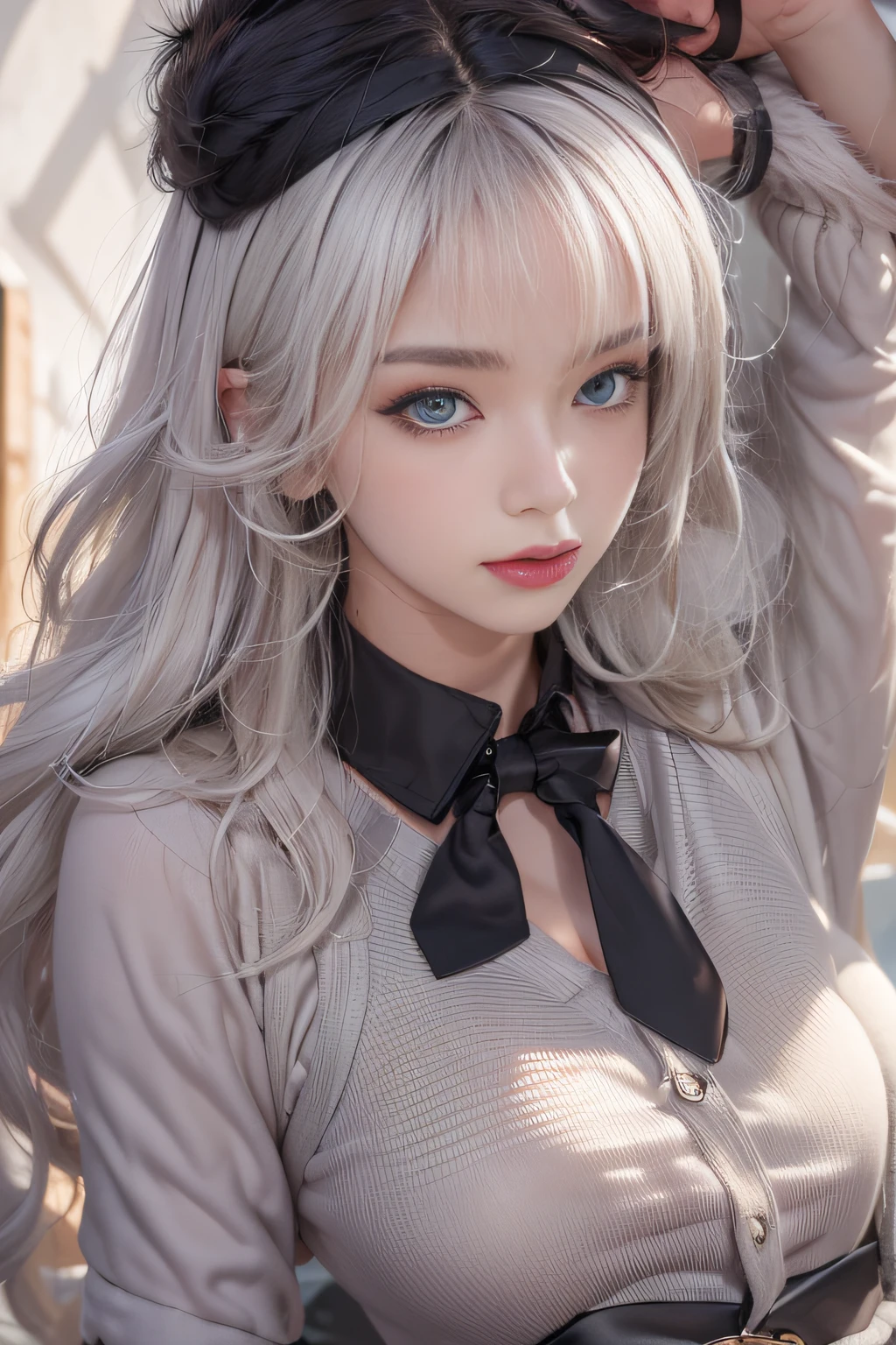 Photorealistic, high resolution, 1 Women, Solo, Hips_Up, Hips up, Beautiful eyes, view the viewer, Close lips, Detailed face, White hair, Long hair, Collared shirt, black necktie,Black skirt, pencil skirts, Fur coat, Stockings