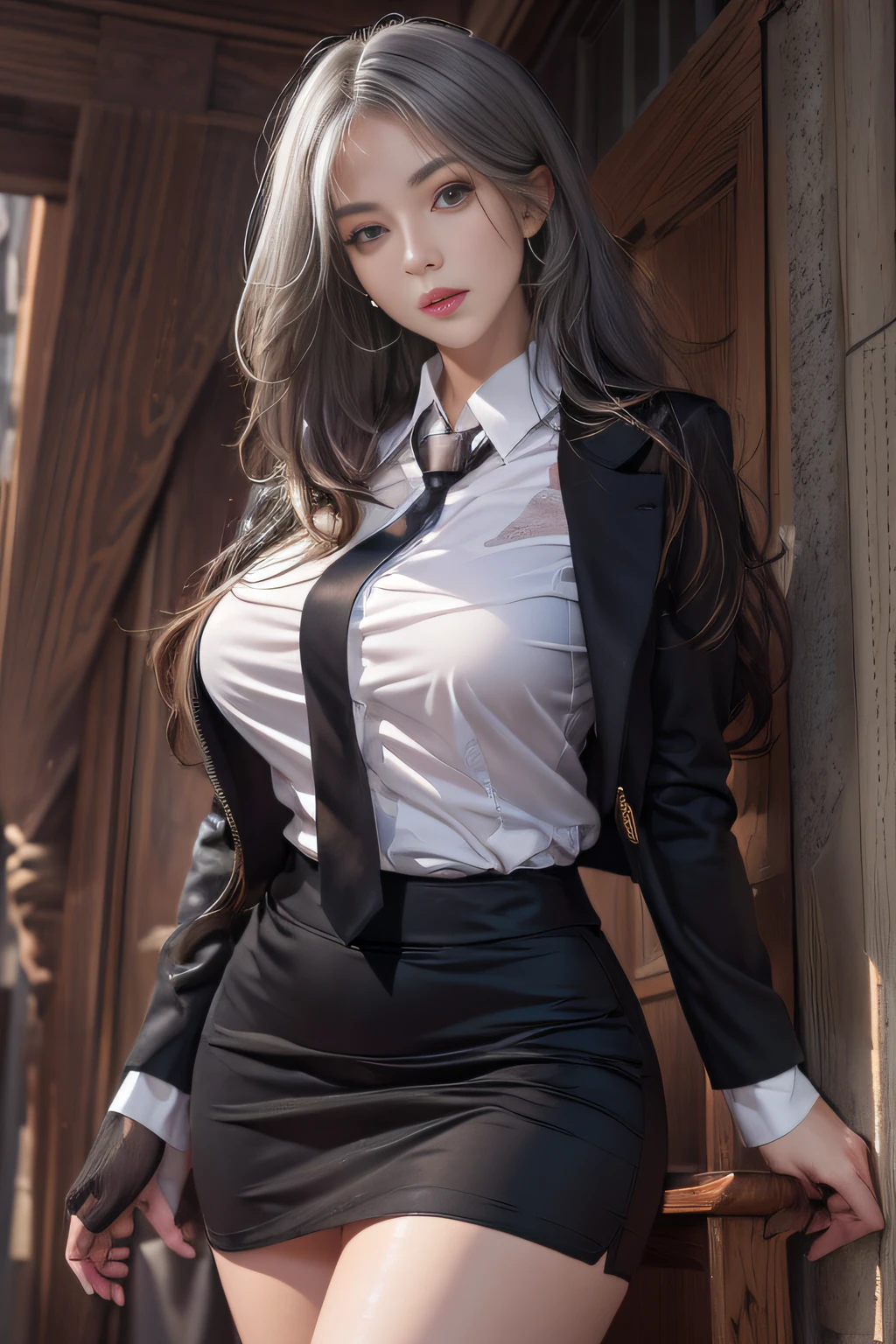 Photorealistic, high resolution, 1 Women, Solo, Hips_Up, Hips up, Beautiful eyes, view the viewer, Close lips, Detailed face, White hair, Long hair, Collared shirt, black necktie,Black skirt, pencil skirts, Fur coat, Stockings