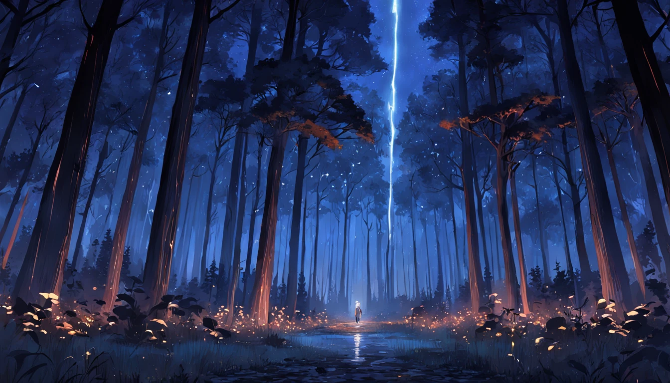 "(Epic forest at night), intensa lluvia, suave brillo de las luces de luna."