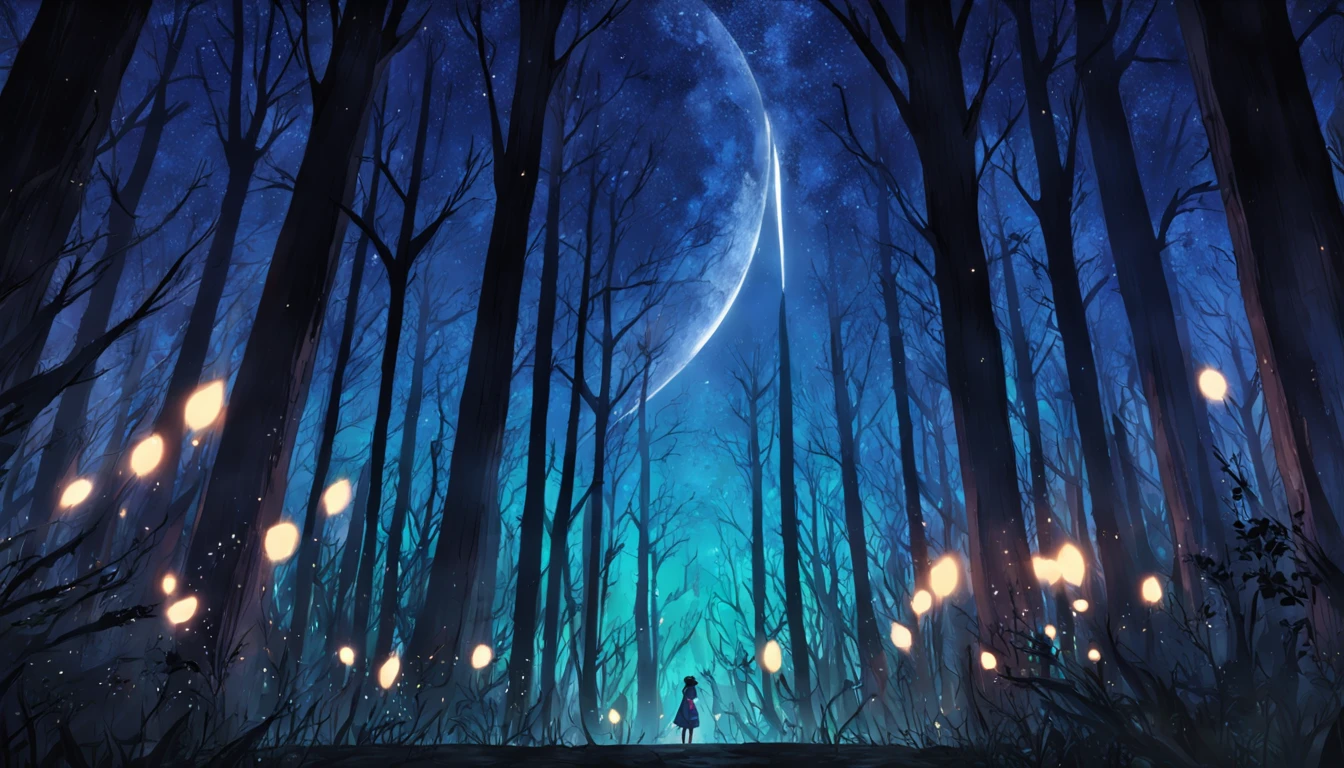 "(Epic forest at night), intensa lluvia, suave brillo de las luces de luna."
