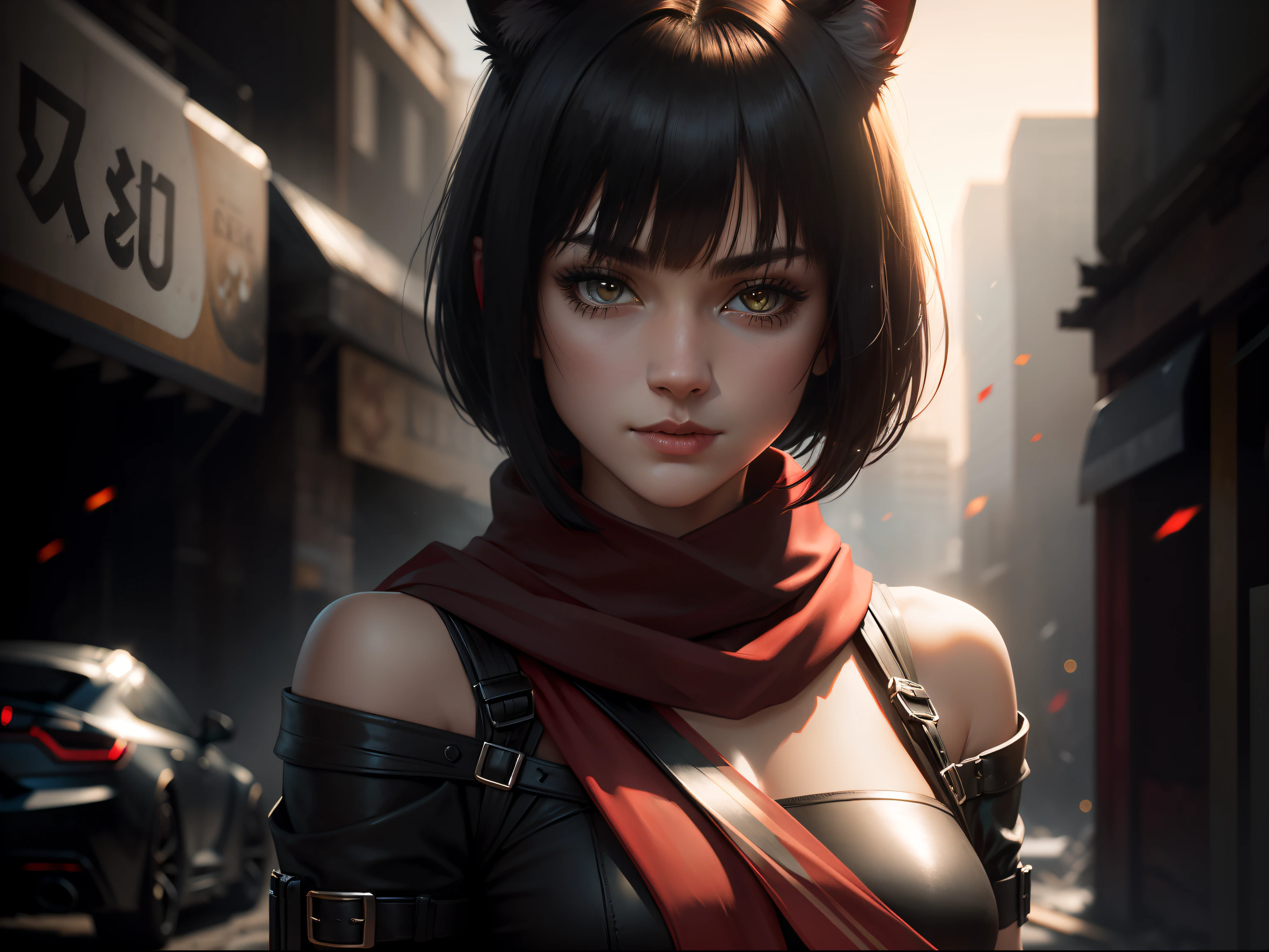 shoulder-length short hair, slanted bangs, black color hair, Girl with cat ears, looking to the camera, Red scarf, assassins, battleground background, depth of field, sparkle, UHD, best quality, 4K