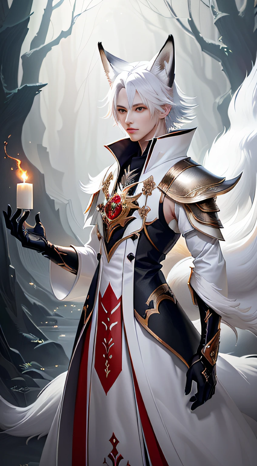 (Fox ears white haired boy)，full bodyesbian，Painting of a male fox with white hair，A huge white fox in the background，ethereal fox，nine tail fox，Fox three-tailed fox，Onmyoji detailed art，Nine tails，A beautiful artwork illustration，mythological creatures，red fox，Combat posture，Beautiful digital artwork，Exquisite digital illustration，mizutsune , Inspired by the mythical creature wildnet，Digital art on Pixiv，strong lights，hight contrast，Horror movie theme，Dark atmosphere