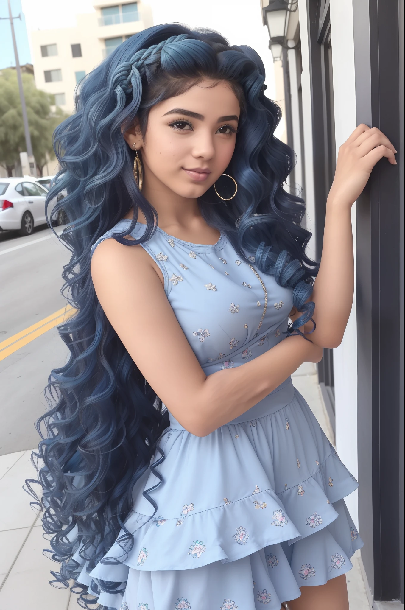 (La mejor calidad) (obra maestra ) Cara perfecta. kawaii & Siniestra princesa belleza joven en la ciudad de Los Angeles. (((Blue curly hair))) ((((nordin woman))))