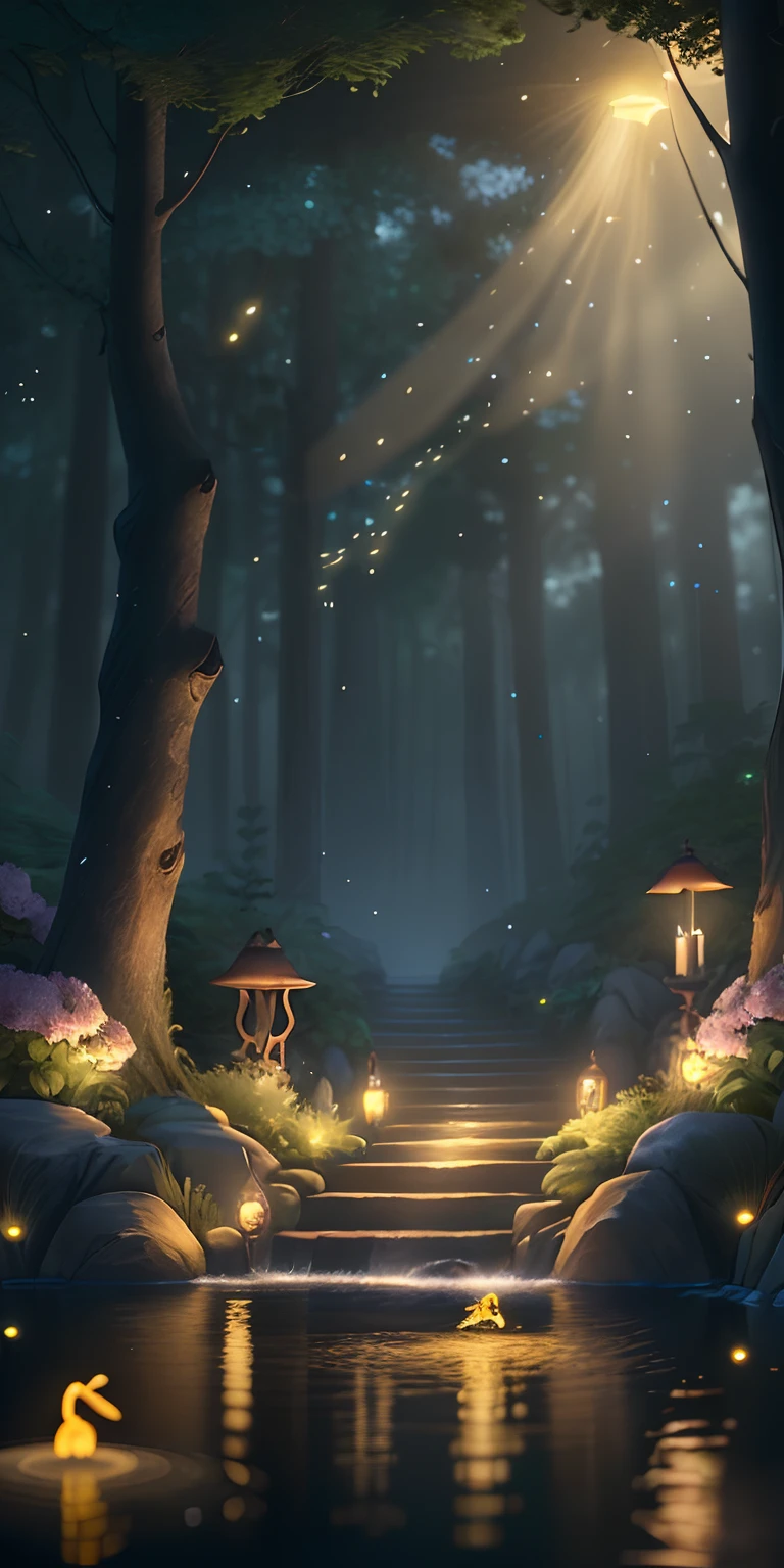 Masterpiece, best quality, (very detailed CG unity 8k wallpaper), (best quality), (best illustration), (best shadows), glow sprite, with a glowing deer, in the swimming pool Drinking water, natural elements in the forest theme. Mysterious forest, beautiful forest, nature, surrounded by flowers, delicate leaves and branches surrounded by fireflies (natural elements), (jungle theme), (leaves), (twigs), (fireflies), (particle effects) etc. 3D , Octane rendering, ray tracing, super detailed --v6