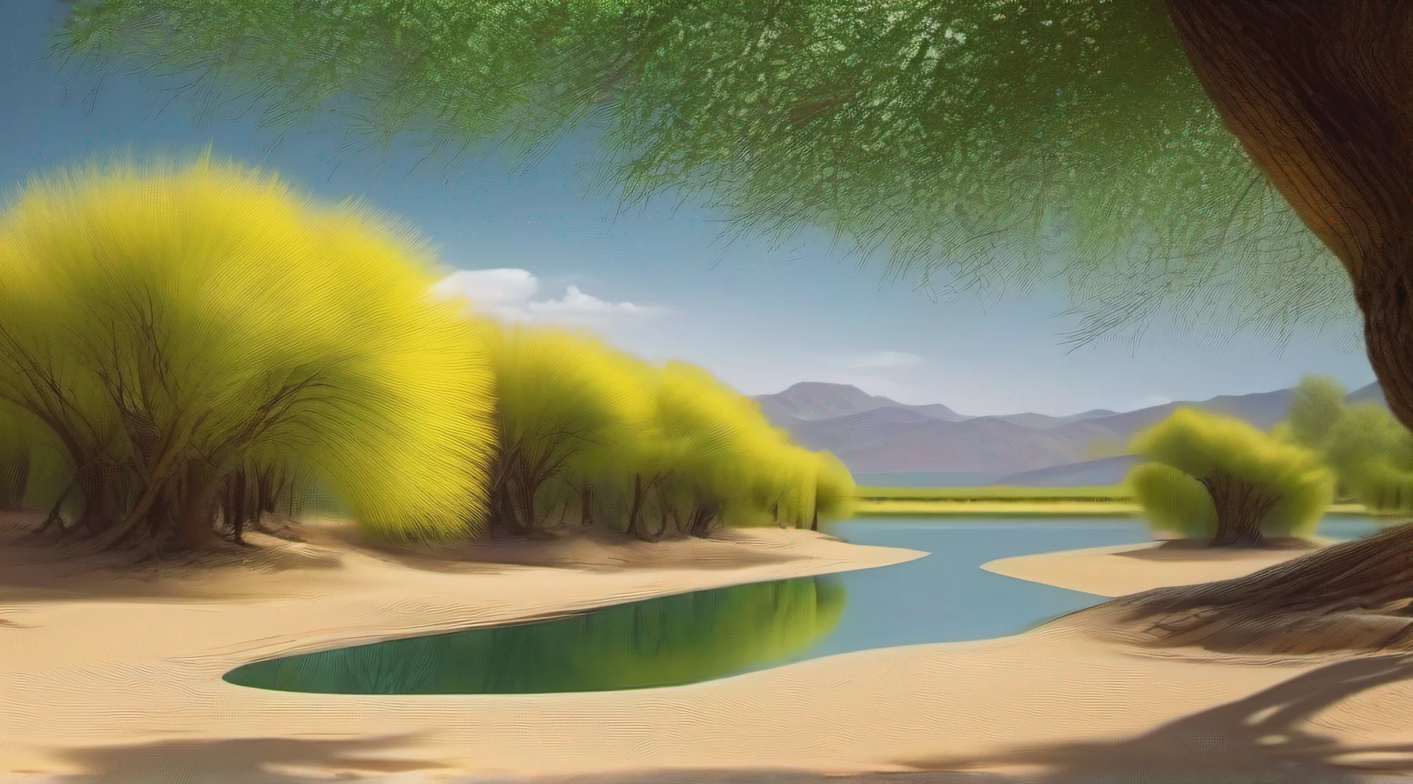 On the northern edge of the desert,Oasis with yellow sand,The grass is verdant,A small river with crystal clear water can be seen,Wind your way west along the desert,On both sides of the creek,Willow trees can be found everywhere、Poplars stand tall and green,Intricate roots,It resembles a coiled dragon。It's beautiful。You can watch the sunrise in the desert,