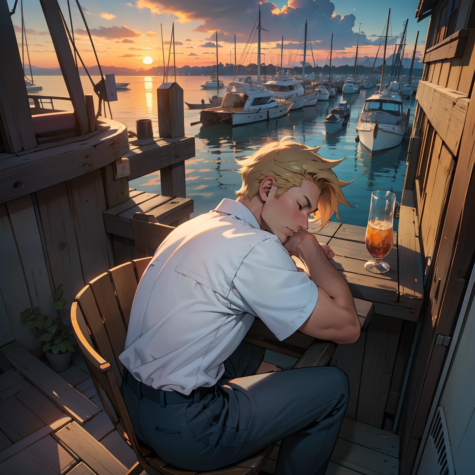 {{{{{masutepiece,Best Quality,ultra-detailliert}}}}},1 old man,shirt and pants,sit on the chair,smoking,big dog sleeping by his side,Pink-orange and yellow mixed in the sky、You can see the sunset through the clouds、The sunset sets over the ocean beyond the harbor,Several yachts and motorboats are parked in the harbour,rear view,distant view,