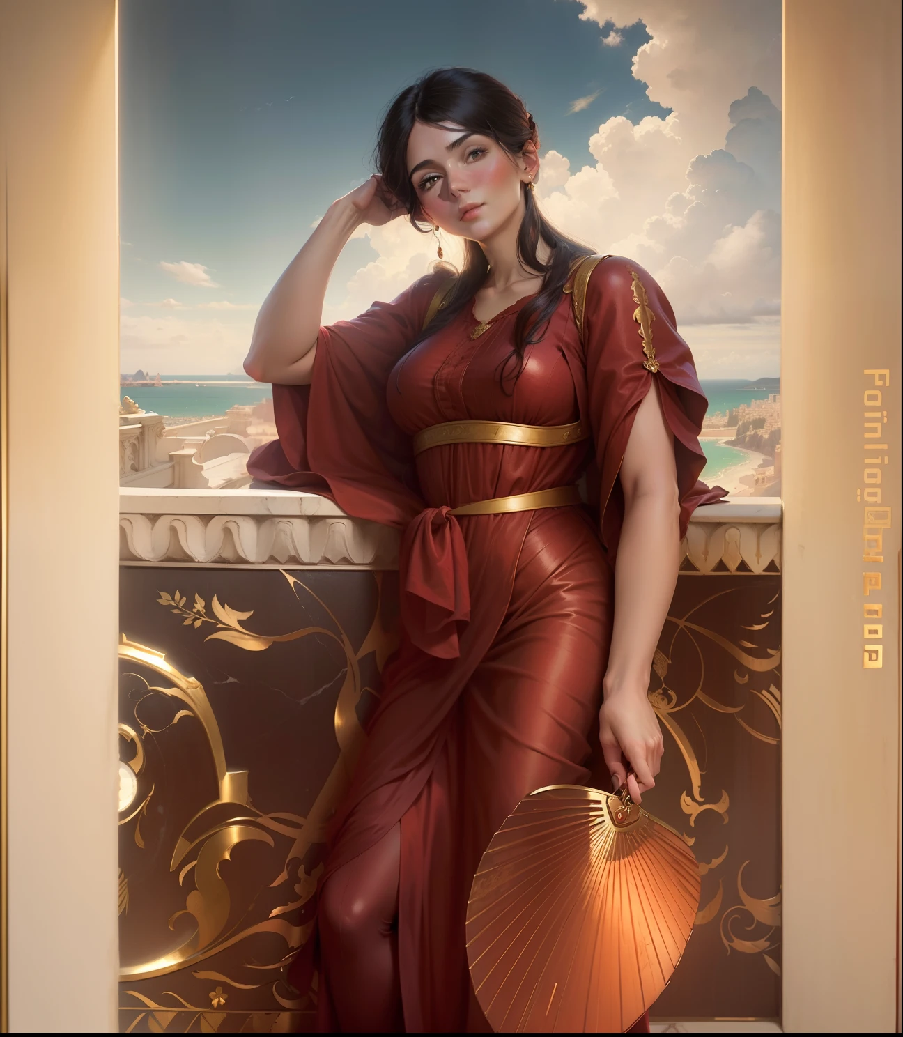 A beautiful romance period woman, in a red dress tunic, with fan against an a marble ornate wall, looking directly into camera, relaxed, a view of the sea and distant mountains in the hazy distance in the background, 24k resolution, photo quality high art oil painting, hyperdetailed, in the style of John William Godward