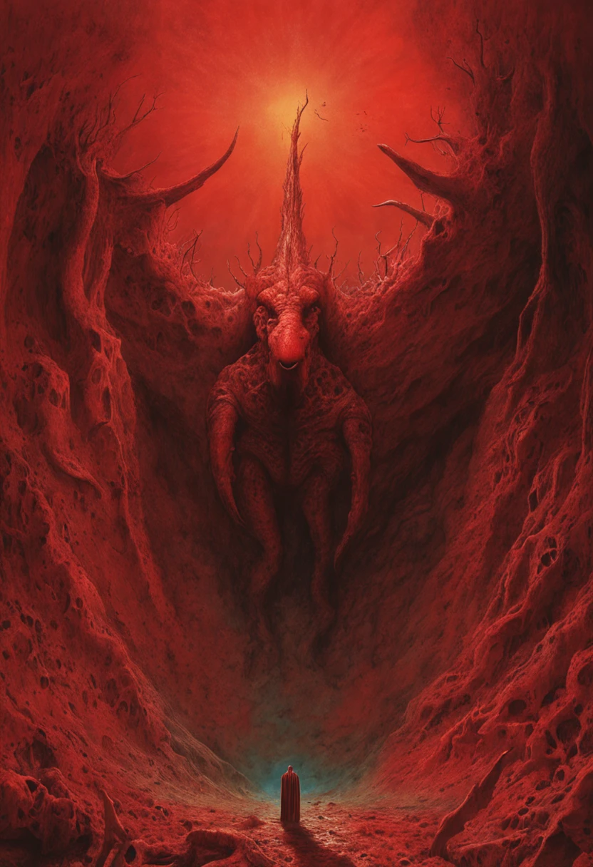 mythology creatures, by zdzislaw beksinski and van gogh, album cover art, rome, surrealism, futuristic ,satan, t-rex, coral, wizard, abstract, dark, red, hell, landscape