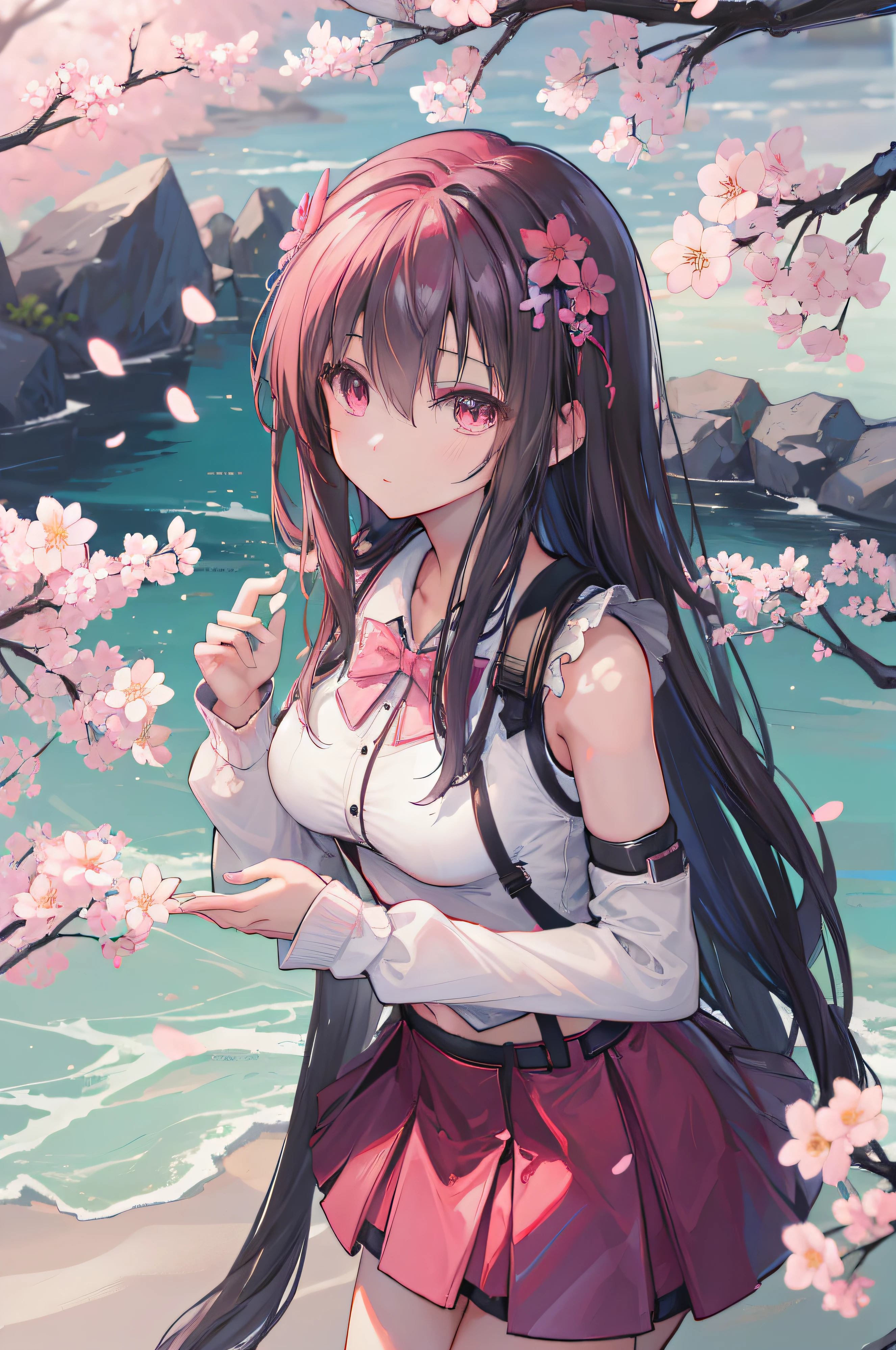 (((high high quality)))，quadratic element，teens girl，adolable，Shy，Student clothing，cherry blossom tree background
