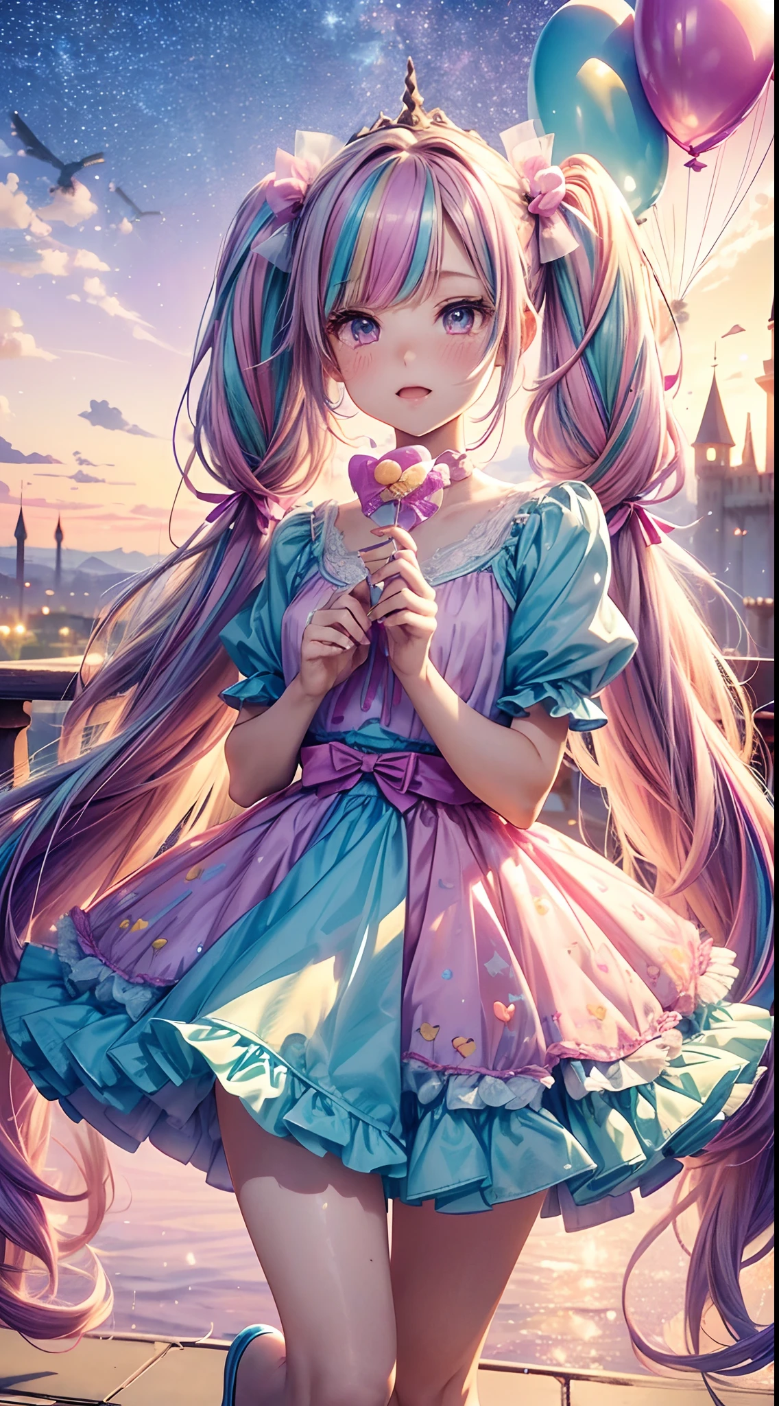 (fullbody, legs and shoes visible: 1.2)) expressive eyes, 1girl, pale skin, long hair, windblown hair, ((absurdly long hair)), long sidelocks, hime bangs, hair fringe, hair bun, ((very long twintails)), iridescent hair, light pink hair, blushing, full face blushing, big sparkling pastel purple eyes, (gradient eyes), open mouth smile, cute pose, ((holding balloons : 1.3))
((cute and pastel fashion)) ((🦄🎠🎈😎 theme : 1.4)) flowy pastel dress, ((dreamy multicolored open dress)), (floating ribbons), lavender ruffles, pink frills, (light blue lace), detached short sleeves, puffy skirt, ((rainbows and stars print skirt : 1.3)), ta skirt, purple bows, ((pompon ribbons hair ornament : 1.4)), multiple bows, striped lace stockings, (heart shaped leg garter), cute (pastel purple) shoes ((hyperdetailed clothing and fashion)) looking at you, vintage girl, blushing, (beautiful detailed eyes), (extremely detailed CG unity 8k wallpaper) (best shadow), ((an extremely delicate and beautiful)), (detailed light), ((depth of field)) big head, big sparkling eyes, moe, splash art, cinematic lighting, frontal view, volumetric lighting maximalist photo illustration 64k resolution high res intricately detailed complex key visual precise linear
((in the dreamy pastel sky background, surrounded by sunset clouds, shooting stars, castles in the clouds)) ((hyperdetailed scenery, foggy clouds, suspended by balloons, hearts : 1.3))