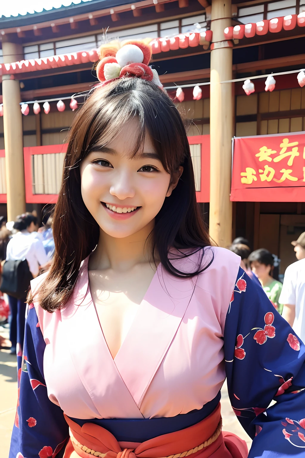 (extra detailed body、extra detailed face、best qualtiy:1.2)、femele、looking at the viewers、(Wearing a sarashi on his chest。Japan festive clothes、a smile)、(Japan festival mikoshi in the background)