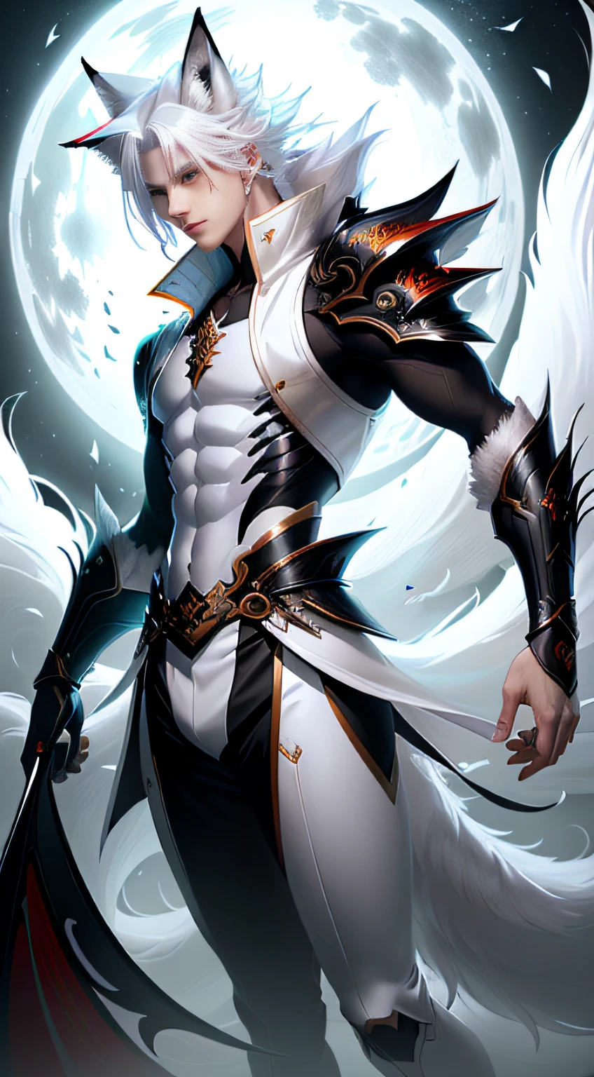 (Fox ears white haired boy),full bodyesbian,Painting of a male fox with white hair,A huge white fox in the background,ethereal fox,nine tail fox,Fox three-tailed fox,Onmyoji detailed art,Nine tails,A beautiful artwork illustration,mythological creatures,red fox,Combat posture,Beautiful digital artwork,Exquisite digital illustration,mizutsune , Inspired by the mythical creature wildnet,Digital art on Pixiv,strong lights,hight contrast,Horror movie theme,Dark atmosphere