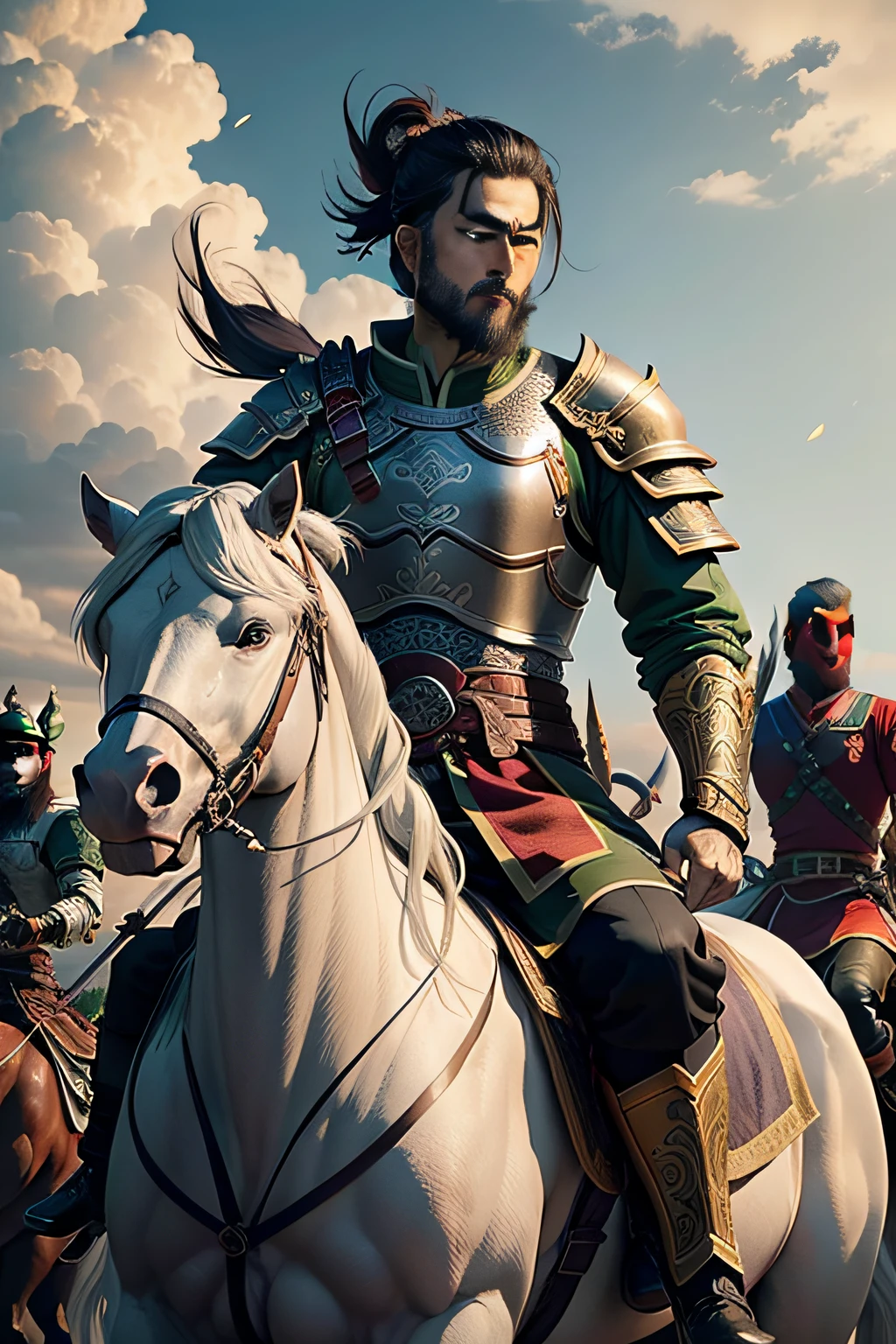 Eight feet tall, the young and handsome Lü Bu was wearing armor, riding a horse with Fang Tian's halberd, and fighting with Liu Bei, Guan Yu, and Zhang Fei,There are also four people on the picture: Liu Bei, Guan Yu, Zhang Fei, and Lü Bu
