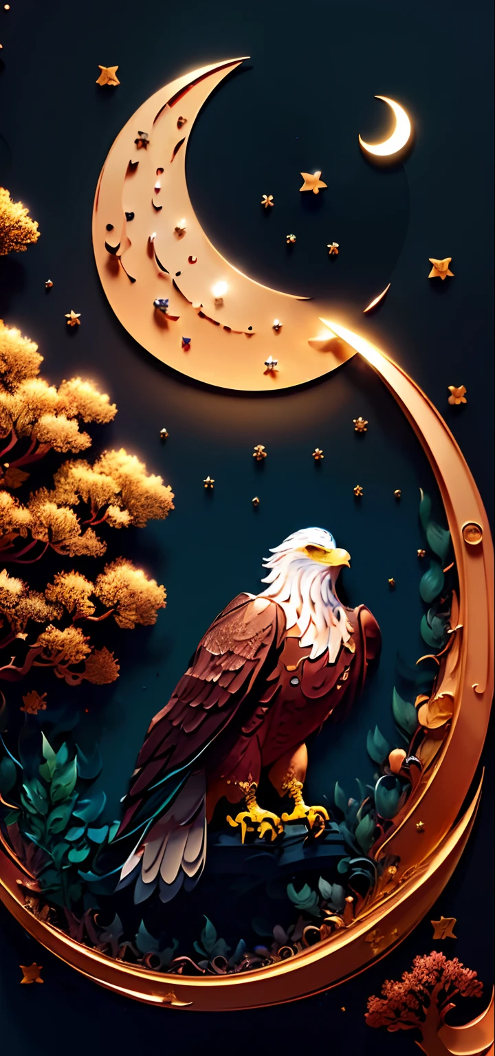 (((Masterpiece))),Best quality 8k,illustration,beautiful,Detailed,shine,paper_cut,eagle,tree,moon,