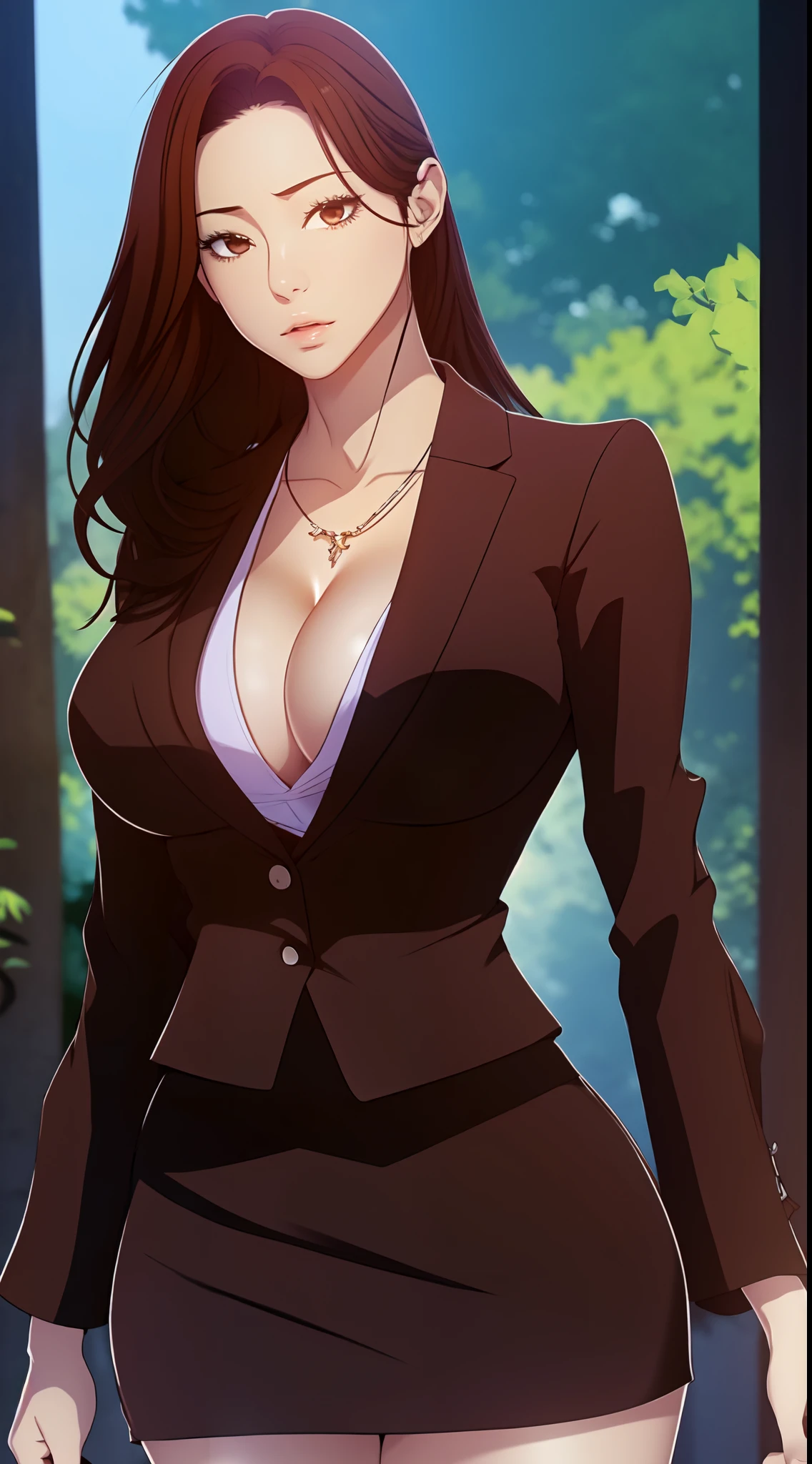 Anime style, Masterpiece, high prompt strength, High Definition, high resonance, clean, high contrast, detailed enviroment, ultra detailed 8k, High Resolution, high resonance, full body potrait auntjune, full entire body, blazer and skirt, wearing necklace, large breast, beautiful face, on the park, evening, charming, cheerful, loose hair, warm feeling, great composition, photorealistic, detail clothes, perfect proportions, perfect body, elegant, natural light, detail design, interior design, detail background, pose