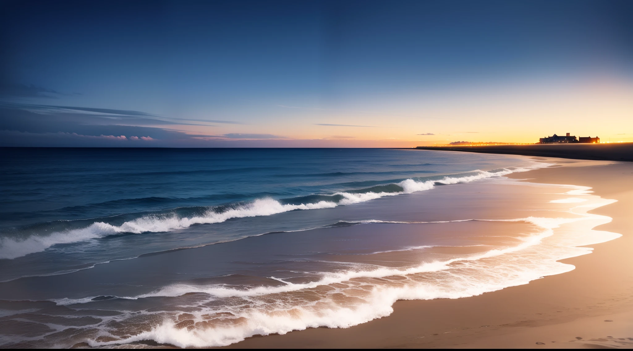 seaside，nigh sky，sand beach，tide，landscapes，No one，Ultra detailed，Cinematic footage，Texture，Light，Contre-Jour，Smoky