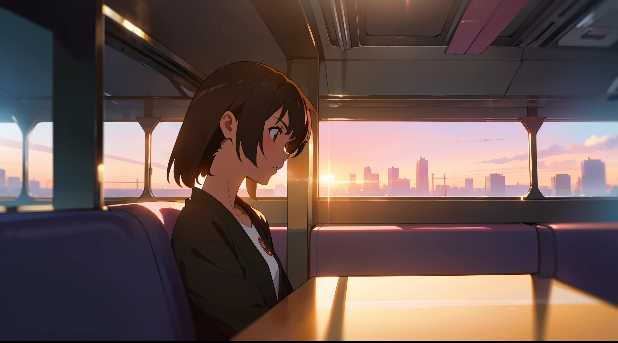 An ultra-high picture quality, hyper quality, 8k,top-quality、hight resolution, In-depth depiction of the face,One girl sitting on a train, ( ( By Shinkai Makoto ) ), makoto shinkai art style, in the style of makoto shinkai, Shinkai Makoto style, By Shinkai Makoto!, By Shinkai Makoto!!, By Shinkai Makoto. a digital rendering, distant!!, By Shinkai Makoto. - H 2160 , the setting sun, evening glow,　full bodyesbian,