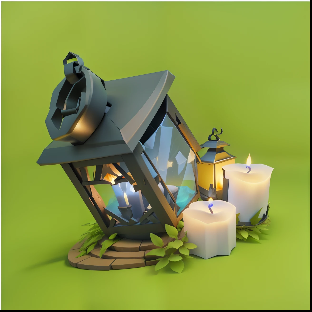 There are three candles next to the lantern, 3 d render stylized, stylized 3d render, 3 d stylize scene, low details. Digital painting, rendered in cinema 4 d, stylized as a 3d render, Rendered in Cinema4D, 3d blender render, 3 d low poly render, 3d low poly render, lantern candle