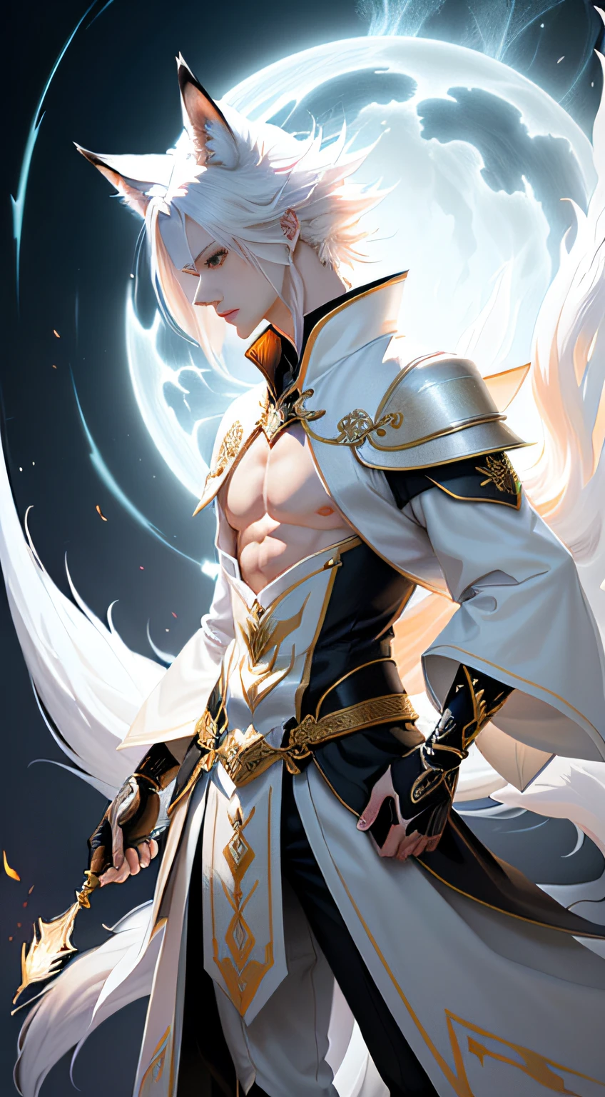 (Fox ears white haired boy)，full bodyesbian，Painting of a male fox with white hair，A huge white fox in the background，ethereal fox，nine tail fox，Fox three-tailed fox，Onmyoji detailed art，Nine tails，A beautiful artwork illustration，mythological creatures，red fox，Combat posture，Beautiful digital artwork，Exquisite digital illustration，mizutsune , Inspired by the mythical creature wildnet，Digital art on Pixiv，strong lights，hight contrast，Horror movie theme，Dark atmosphere