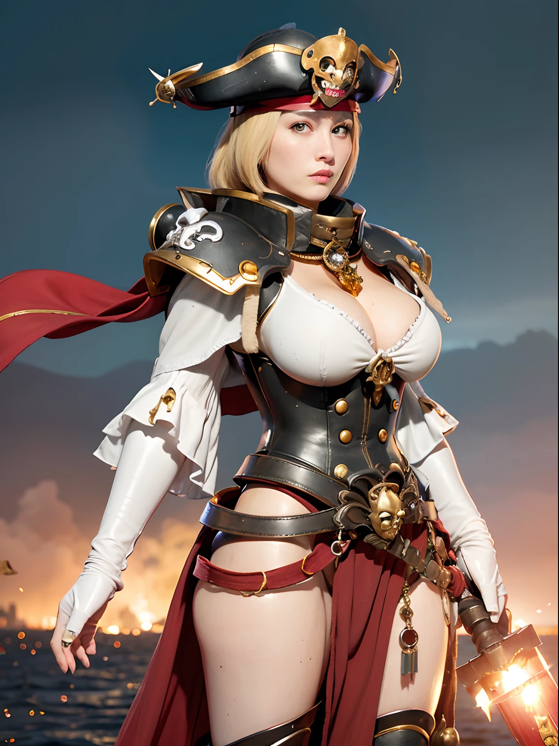 (masutepiece), Professional , masterpiece、top-quality、photos realistic , depth of fields (Gemstone Silver Metal Body:1.9),(Matte White、(Put on a detailed pirate hat)、Jewel Gold Weapon(Jewel Metal Body:1.4),(Gorgeous metal weapons) , Detailed Sword of the Brave , 20 year old girl ,Pirate Ship、warhammer 40k , The port town、adepta sororitas,Detail and ornate jewel crown、Black hair、Gangle's forest background、Young Caucasian beauty、1a person、dynamic ungle,(((a blond)))、Smaller head、A smile、Take a y pose、Thin and beautiful female hands、cle the breast、Soldron armor on background、A port city with a view of the sea、Pirate Ship,Luminescent particles,light scattering,Mysticalression of the Tindall effect、