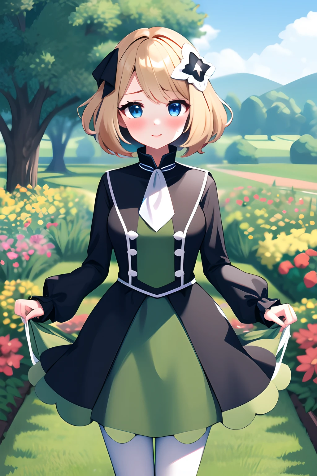 masterpiece, best quality, highres, serena \(pokemon\), short hair, blue eyes, 1girl, solo, blush on cheeks, white pantyhose, hair ornament, long sleeves, blue eyes, bangs, ribbon, multicolored_dress, black dress, green dress, hair ribbon, white ascot, black ribbon, town, garden, standing,