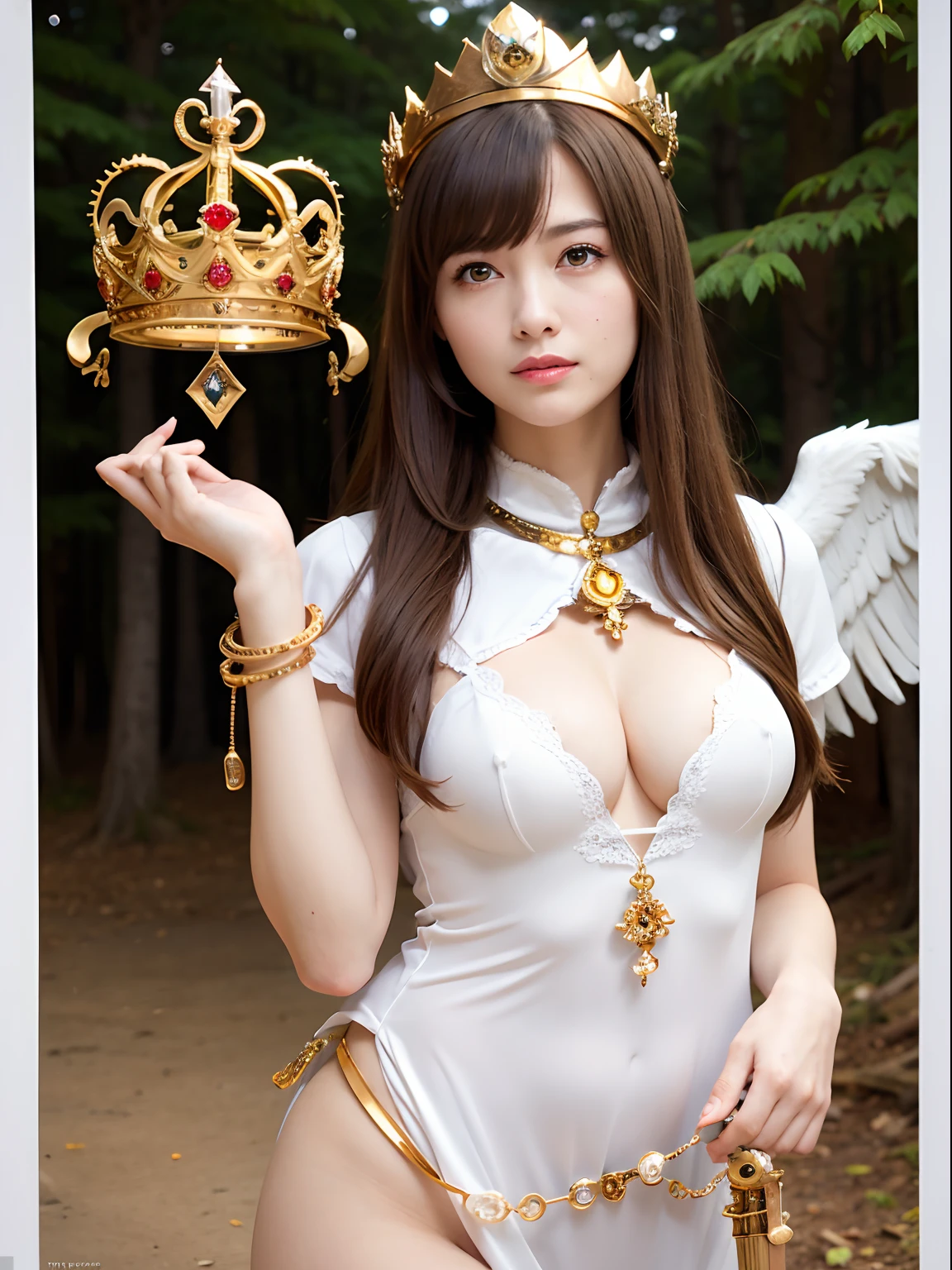 (masutepiece), Professional , ​masterpiece、top-quality、photos realistic , depth of fields 、（Wind element），tornado，Lightning，（Gemstone Silver Metal Body:1.９),(Matte White、(Gangle's forest background),（Brown hair long straight）、（（Jewel Gold Weapon））、（Castle background),Gorgeous metal weapons,(Detailed and realistic angel white wings) , Detailed Sword of the Brave , Beautiful knife 、delicated face、20 years girl  ,warhammer 40k , adepta sororitas,Detail and ornate jewel crown、a blond、()、Beautiful Caucasian beauty、１a person、dynamic ungle,(((Detailed and ornate diamond crown)))、Smaller head、A smile、Powerful poses、Beautiful thin fingers of a woman、cleavage of the breast、Particles of light、