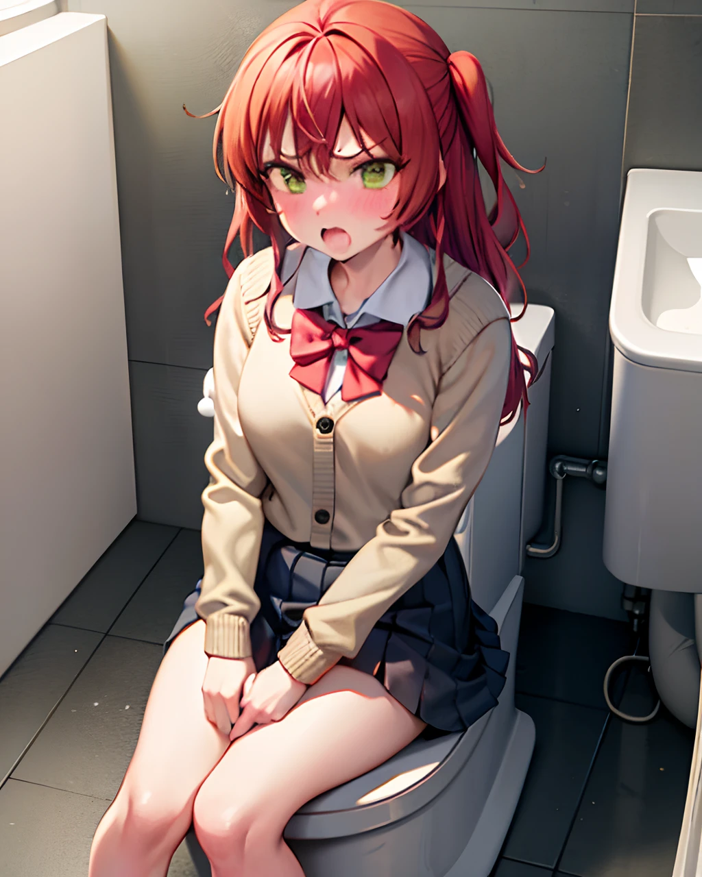 Masterpiece,hd, 1girl,(Kuniform:1), sitting, sitting on toilet, wc, pooping, caught in toilet, hand on crotch, angry expression, blush, mad, opened mouth, (angry:1.2), looking at viewer