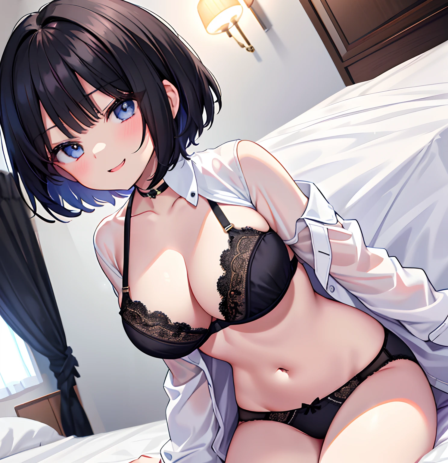 Details、ultra-detailliert、​masterpiece、top-quality、Beautiful fece、A detailed eye、 1girl in、独奏、short-haired、Looking from below、A dark-haired、(black panties)、ridicule、smirking face、Black bra、white  shirt、huge tit、Opening Mouth、Bedrooms、bedroom