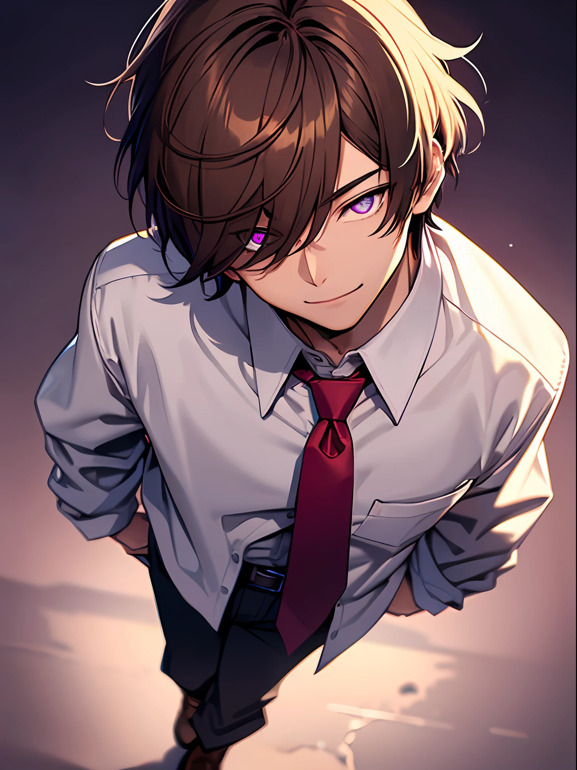 virtual_youtuber, 1boy, male_focus, solo, brown_hair, necktie, purple_eyes, simple_background, brown_footwear, full_body, straight-on, looking_at_viewer, pants, white collared shirt, hair_between_eyes, (VERY DETAILED EYES:1.5), smile