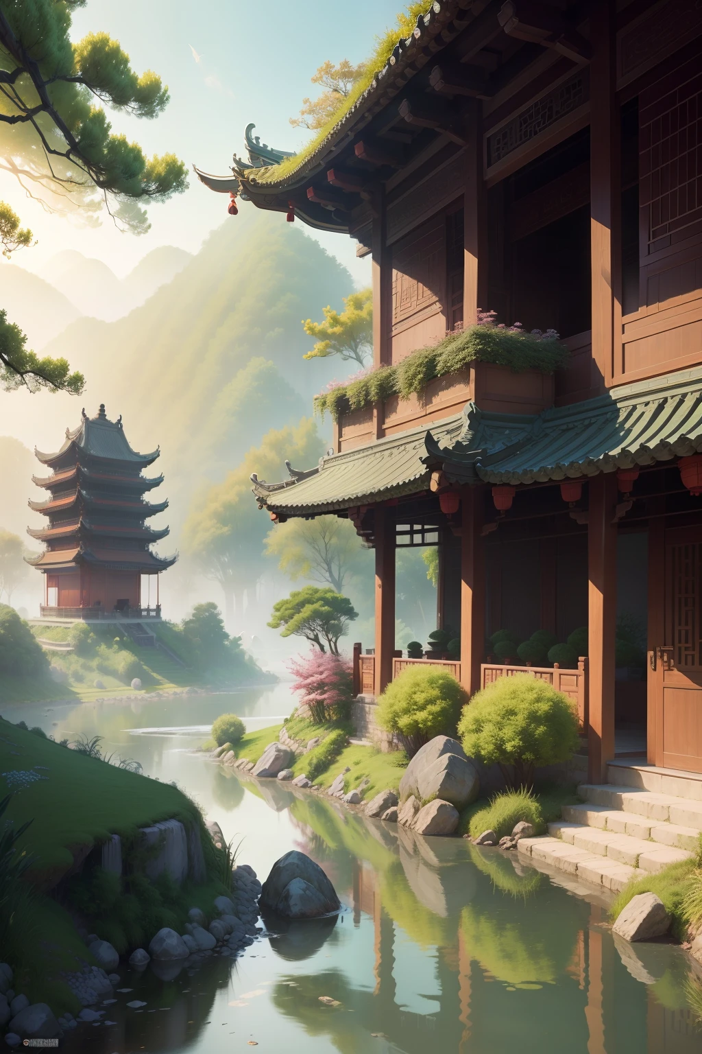 (tmasterpiece),(HighestQuali),Song Yun landscape,The magnificent and wonderful green landscape of Jiangnan is magnificent,City Pavilion,Fumurano City,Water pavilion,Thatched cottage,Watermill long bridge,