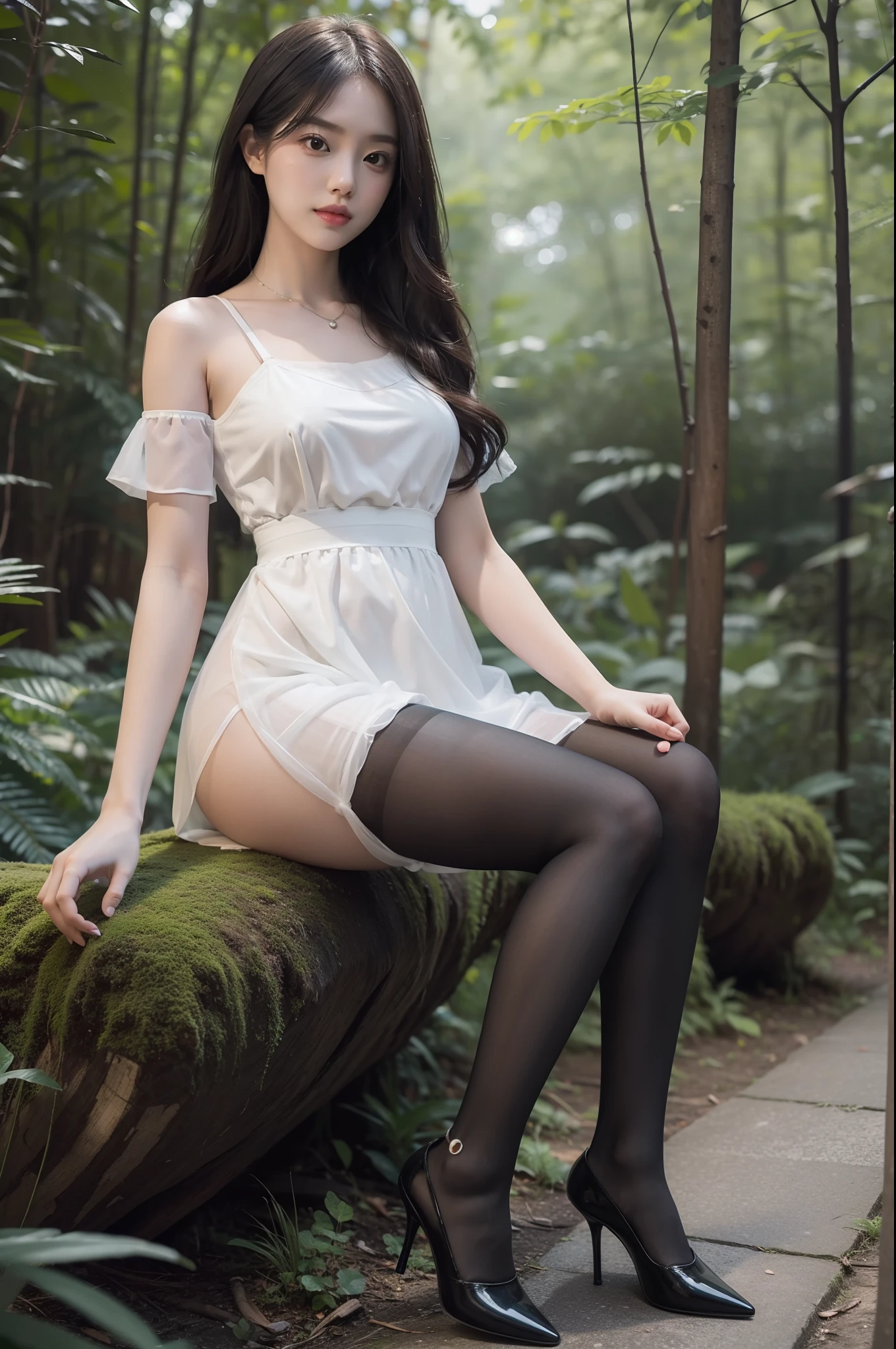 (full body:1.5)，(1girl:1.3),(view the viewer:1.4)，(anatomy correct:1.3),(sitting in the forest:1.2),(Wearing a hellokitty Style Dress:1.2),(Opaque pantyhose:1.3),( girl pointed thick heels :1.1)，(Accurate and perfect face:1.3),(Long legs:1.3),hyper HD, Ray traching, reflective light， structurally correct, Award-Awarded, high detail, lighten shade contrast, Face lighting ，cinematic lighting, masterpiece, super detailing, high quality, high detail, best quality, 16k，High contrast,