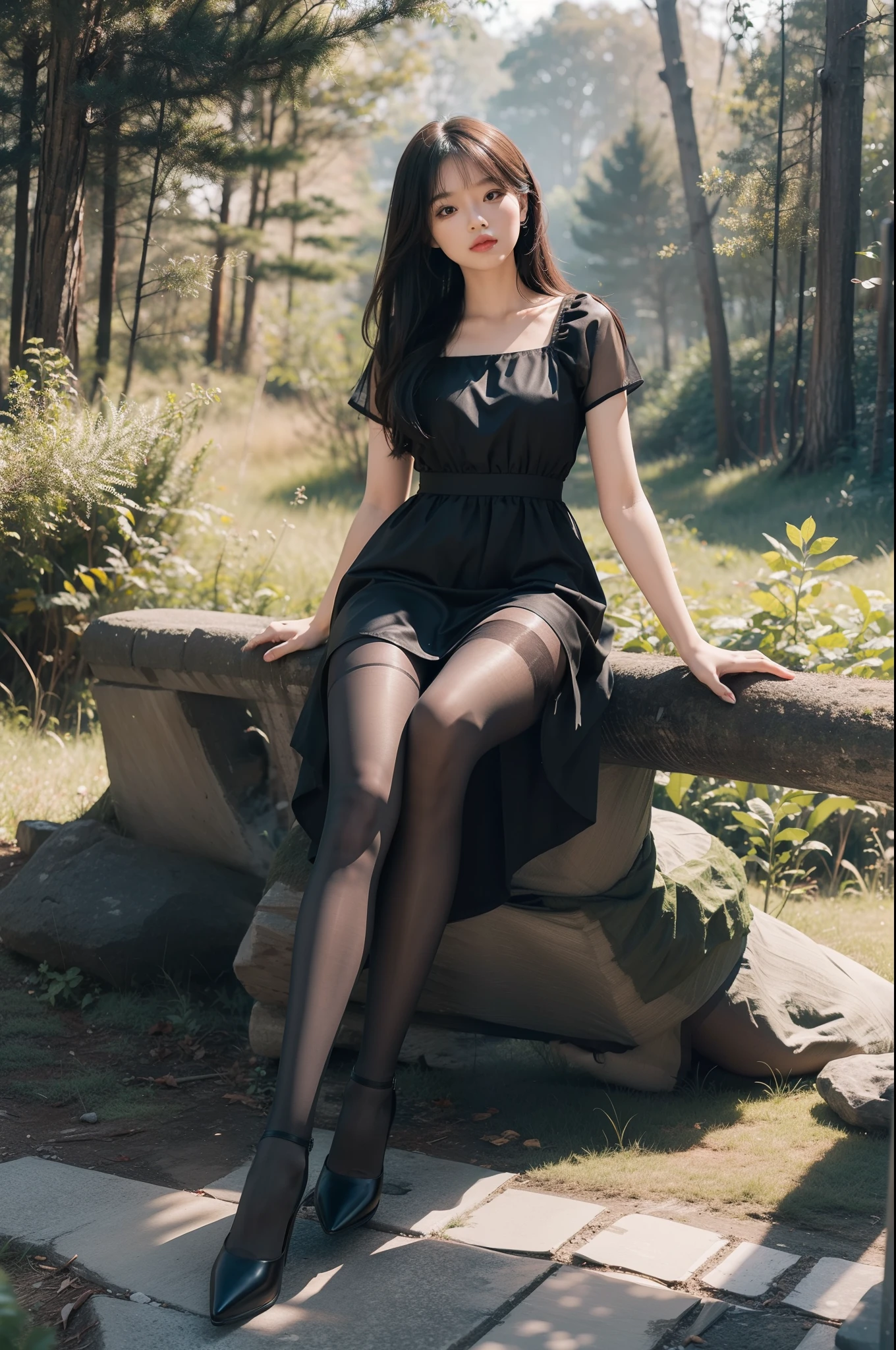 (full body:1.5)，(1girl:1.3),(view the viewer:1.4)，(anatomy correct:1.3),(sitting in the forest:1.2),(Wearing a hellokitty Style Dress:1.2),(Opaque pantyhose:1.3),( girl pointed thick heels :1.1)，(Accurate and perfect face:1.3),(Long legs:1.3),hyper HD, Ray traching, reflective light， structurally correct, Award-Awarded, high detail, lighten shade contrast, Face lighting ，cinematic lighting, masterpiece, super detailing, high quality, high detail, best quality, 16k，High contrast,