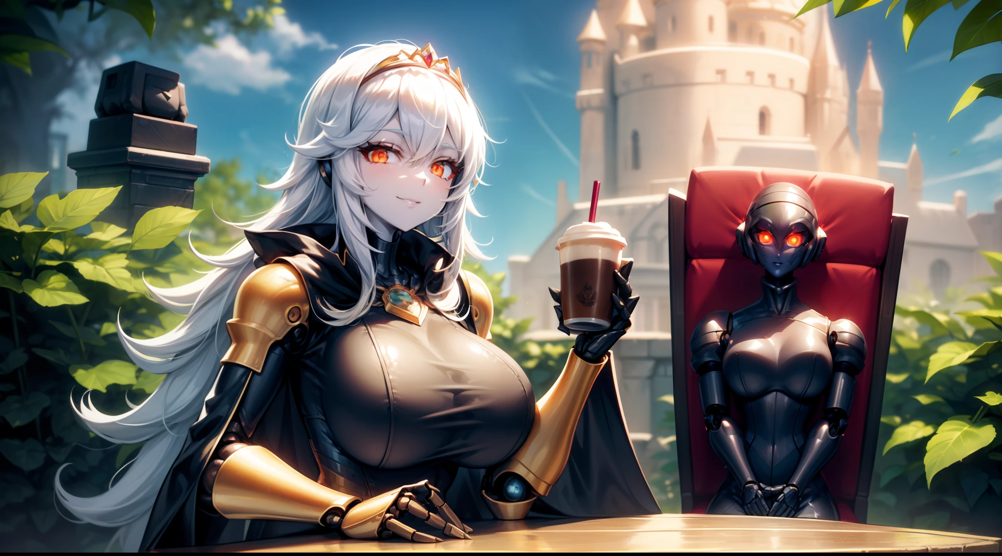 1girl,solo, robot girl, humanoid robot,robot joints, orange eyes,long hair, (colored skin),huge breasts,tiara, jewelry, armored dress,gold trim, sleeveles,cape,castle in background, (outdoors),garden,sitting,throne,(coffee cup in hand),table,looking at viewer, light smile,close-up,upper body,