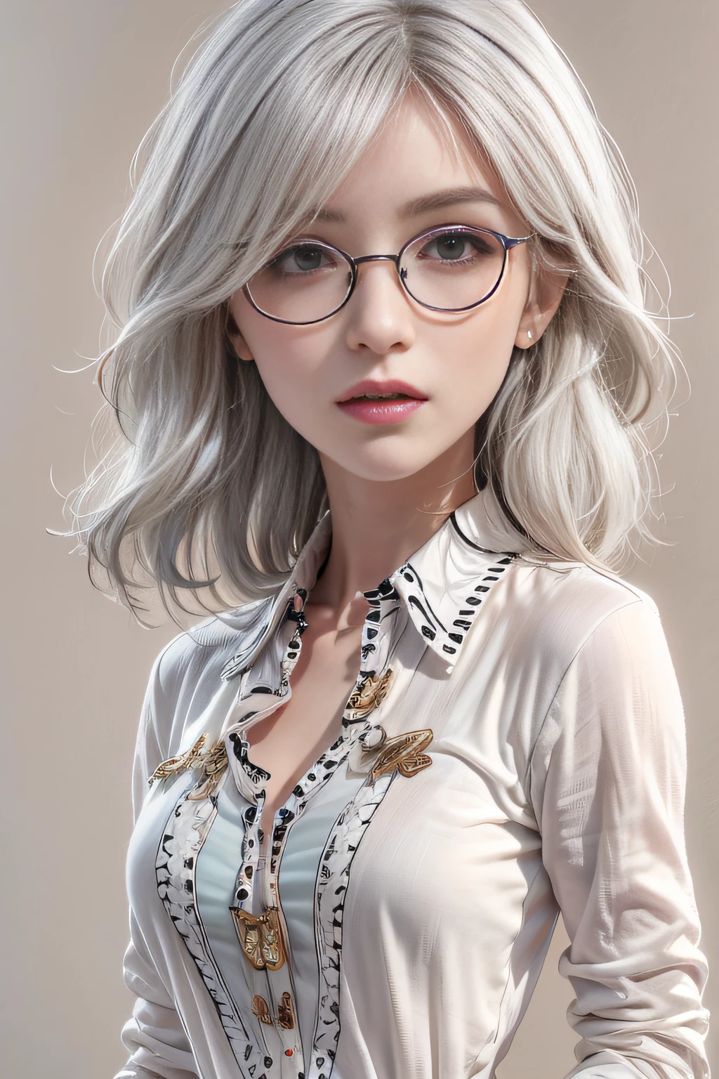 Award-Awarded, Super detail, Anatomically correct, hyper HD, retinas, Masterpiece, Textured skin, ccurate, High details, Best quality, A high resolution, High quality, 8K，Photorealistic, high resolution, Soft lights, 1womanl, Shiny skin, Fine fine skin, Solo, Hips up, view the viewer, (Detailed face), White hair, Long hair, doctor outfit, blouse