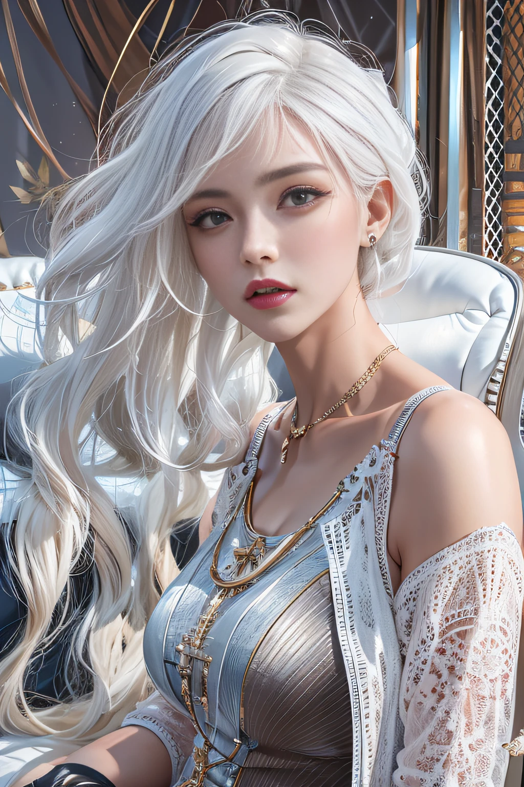 Award-Awarded, Super detail, Anatomically correct, hyper HD, retinas, Masterpiece, Textured skin, ccurate, High details, Best quality, A high resolution, High quality, 8K，Photorealistic, high resolution, Soft lights, 1womanl, Shiny skin, Fine fine skin, Solo, Hips up, view the viewer, (Detailed face), White hair, Long hair, doctor outfit, blouse