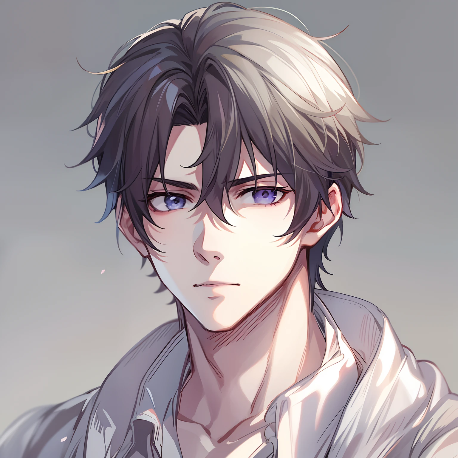 anime handsome guy, Anime portrait of a handsome man, in her 20s, A dark-haired, simple background, The background is all white, Conspiring look,