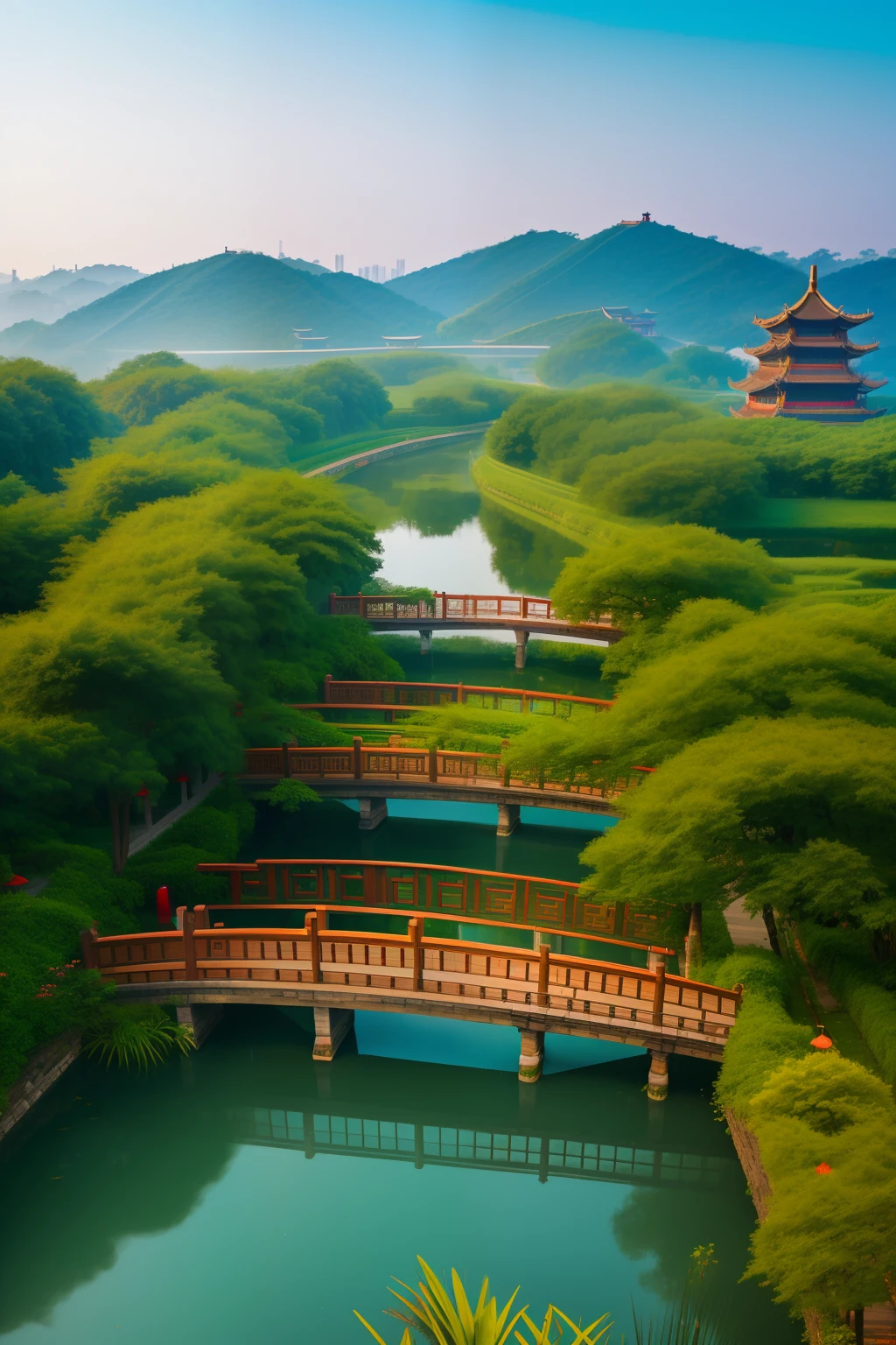 (tmasterpiece),(HighestQuali),Song Yun landscape,The magnificent and wonderful green landscape of Jiangnan is magnificent,City Pavilion,Fumurano City,Water pavilion,Thatched cottage,Watermill long bridge,