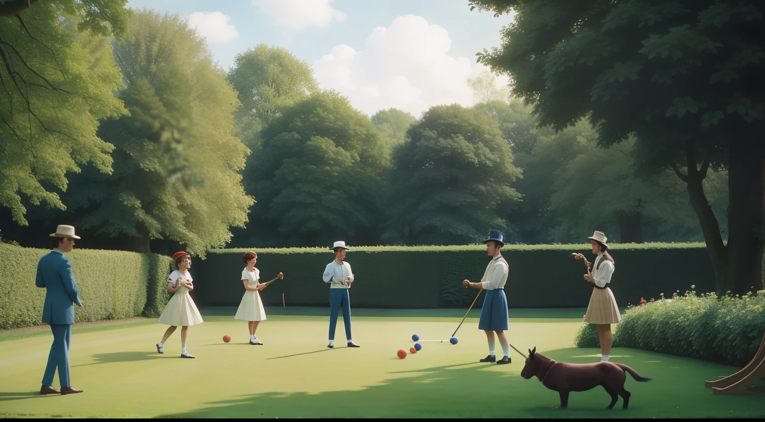 Date: 1984
Location: London, England
Description: On a charming British countryside estate, a group of friends enjoys a leisurely game of croquet on a well-manicured lawn, their attire echoing an earlier era.