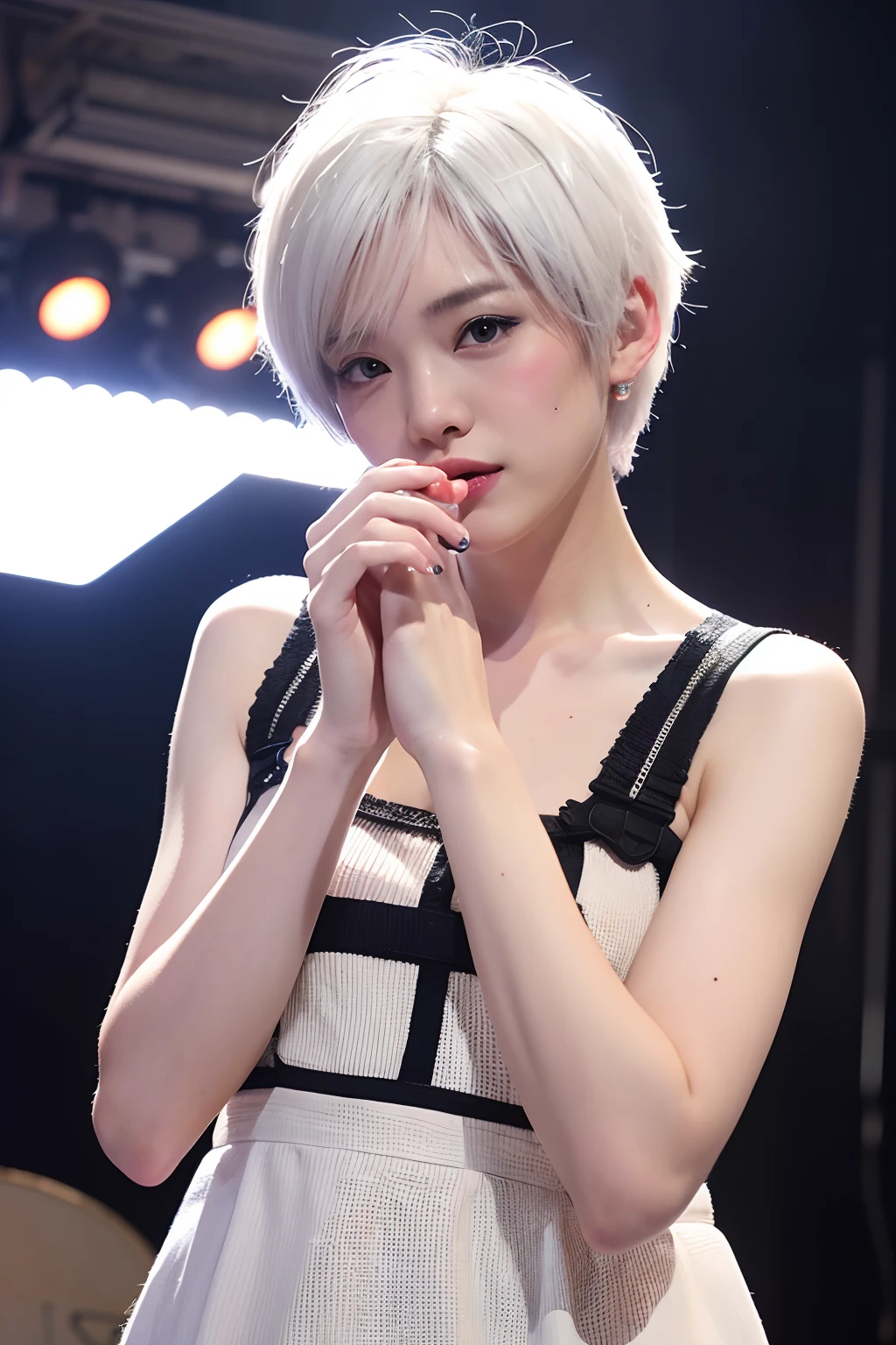 (extra detailed body、extra detailed face、best qualtiy:1.2)、femele、looking at the viewers、(White hair、Very short cut、Bandsman、punk)、(Live house in the background)