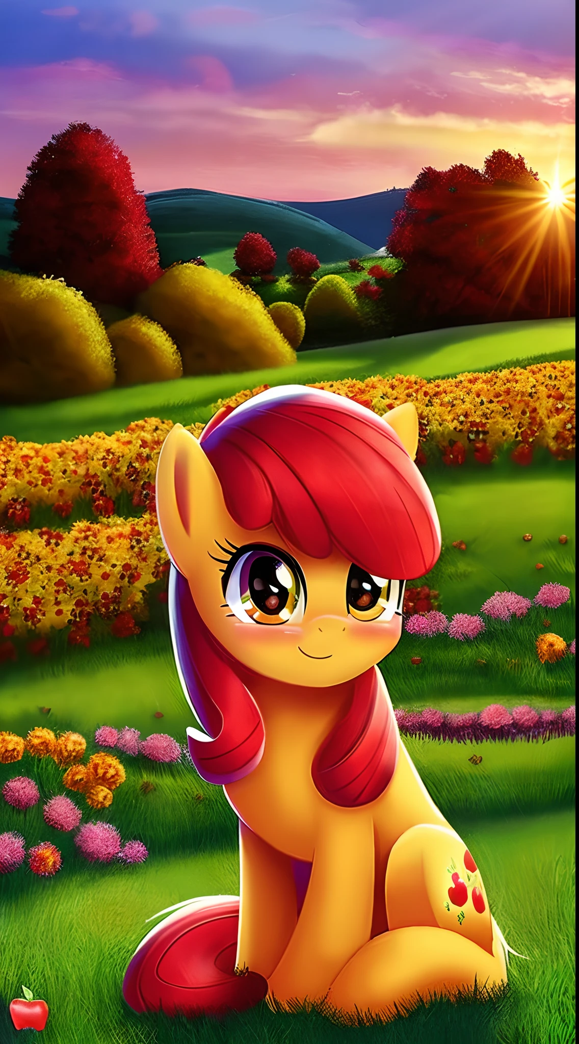 masterpiece, best quality, Apple Bloom, red hair, orange eyes, yellow fur, pony, sunset, sitting, looking at viewer, beautiful, blush, smile, solo, sweet apple acres, blank flank, filly, romantic