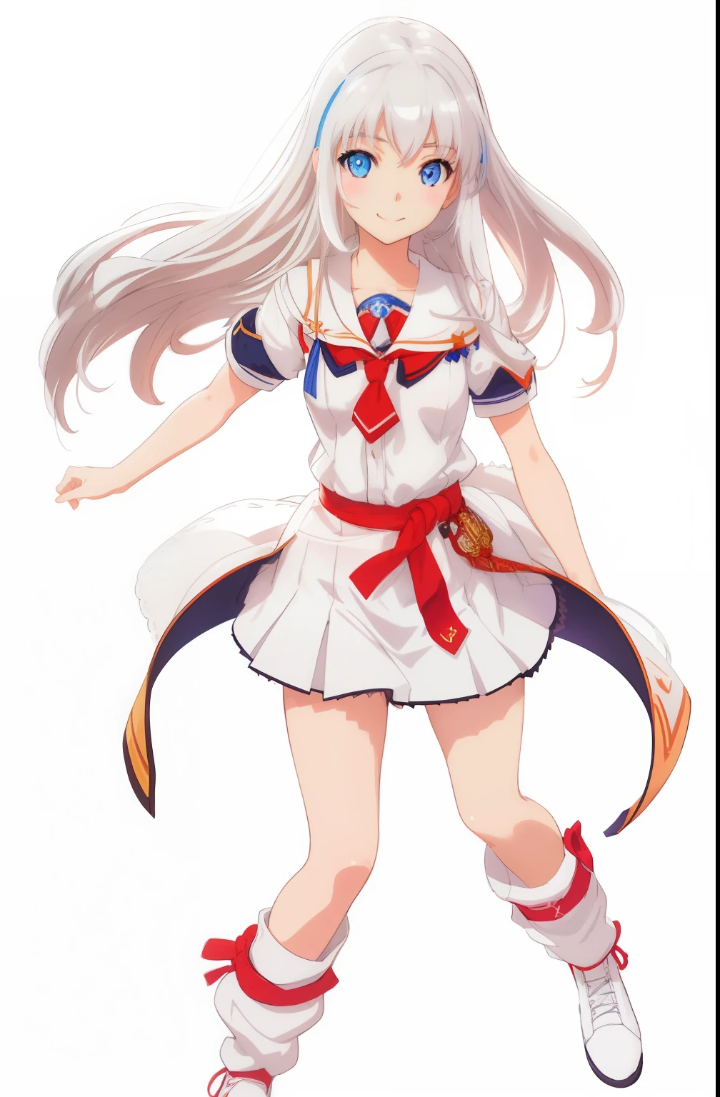 White background, Attractive Blue Eyes, animesque, disheveled hair that is down to the shoulders, white hair, looking happy smile, full bodyesbian, No tie, Women's miniskirts, 14years, Anime-style beautiful girl, hyper detailed painting, luminism, 4K resolution, 3d rendered, octan render, complexly detailed, Cinematic, Trending in art stations,Isometric Centered Hyper Realistic Cover Photo Awesome Full Color, handdraw, big-boned, Realistic Musa, Intricate, hit definition, Cinematic, rough sketch, thickline, On paper,Red tie,School uniforms